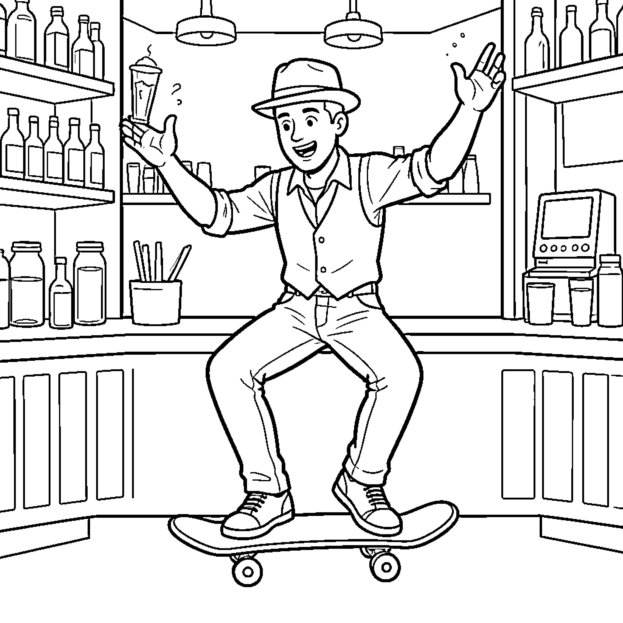 Barman juggling a glass while riding a skateboard Coloring Page (free black-and-white line drawing printable PDF for all, from beginners to advanced learners, including children, teens, adults, and seniors)