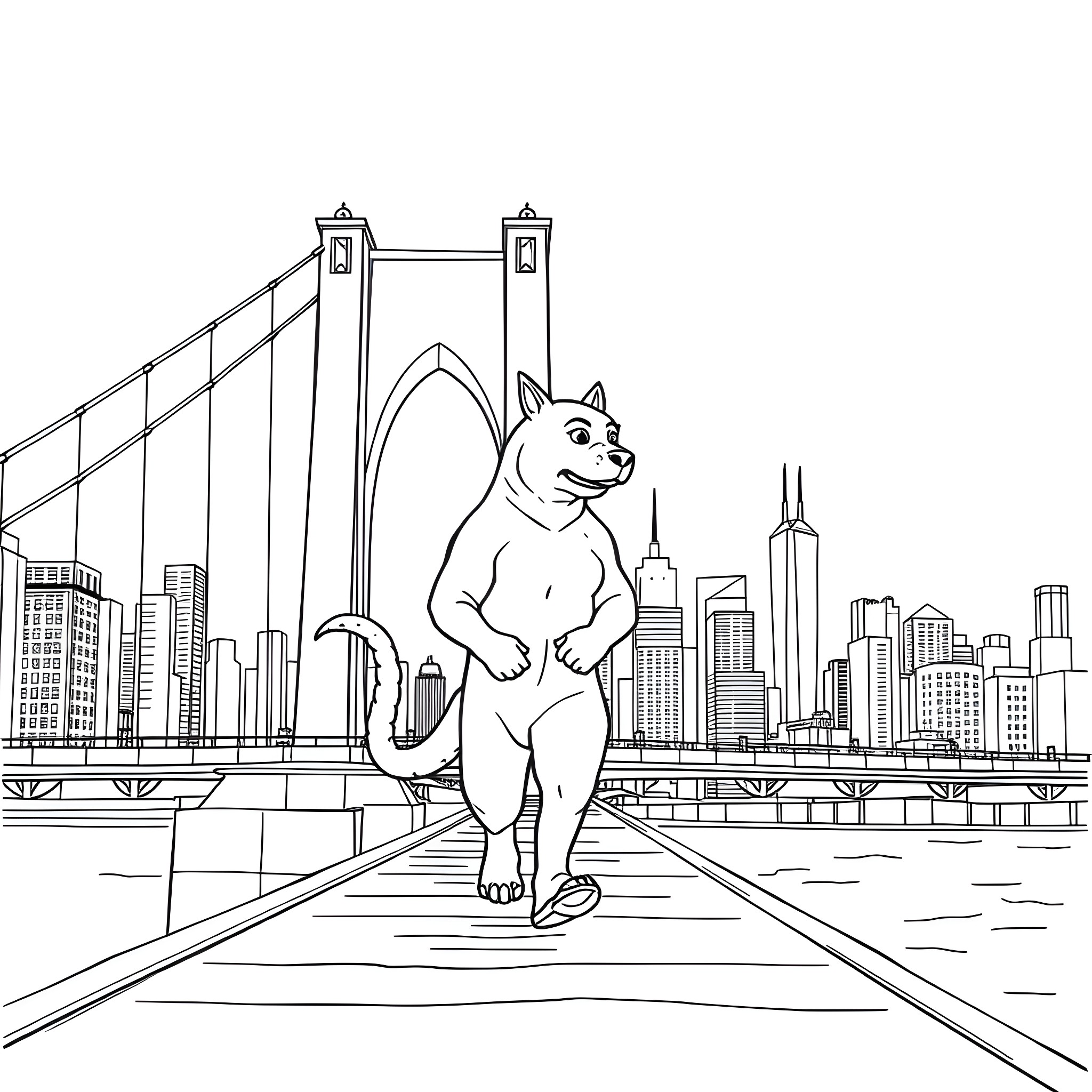 Corholio explores the city bridge and skyline Coloring Page (free black-and-white line drawing printable PDF for all, from beginners to advanced learners, including children, teens, adults, and seniors)