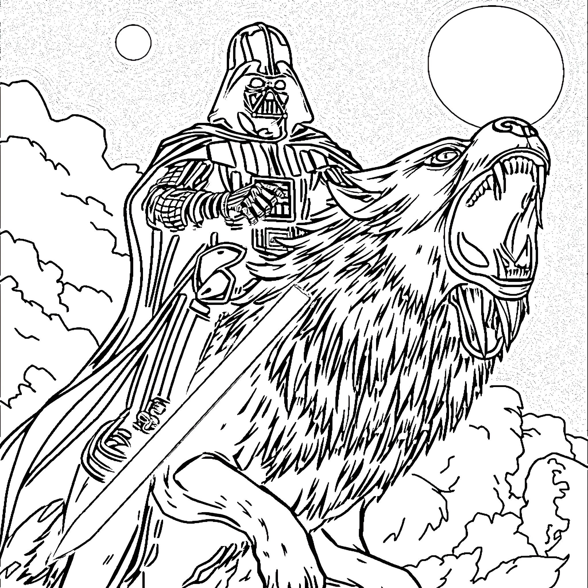 Darth Vader commanding a fierce creature Coloring Page (free black-and-white line drawing printable PDF for all, from beginners to advanced learners, including children, teens, adults, and seniors)