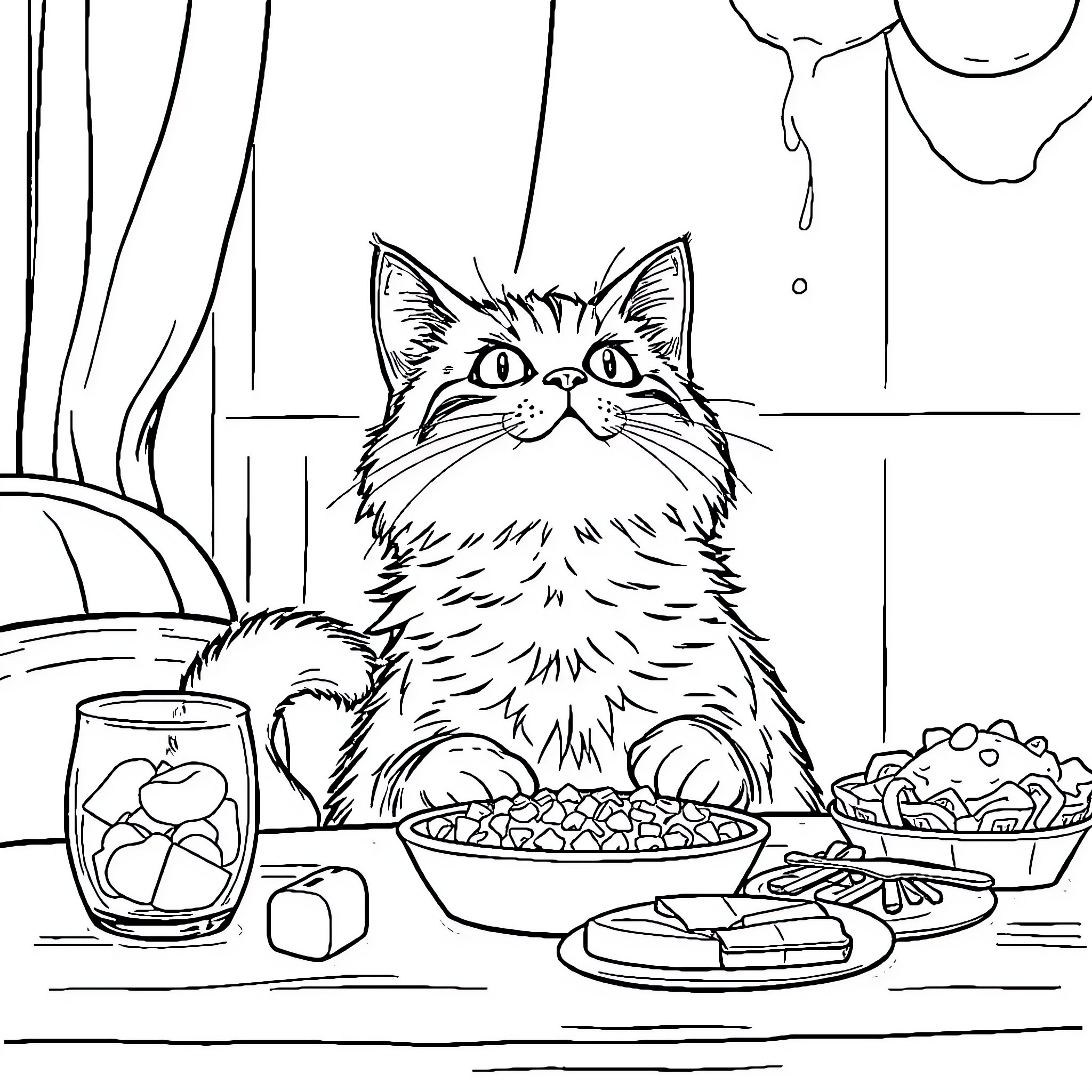 Cat eyeing food on the table Coloring Page (free black-and-white line drawing printable PDF for all, from beginners to advanced learners, including children, teens, adults, and seniors)