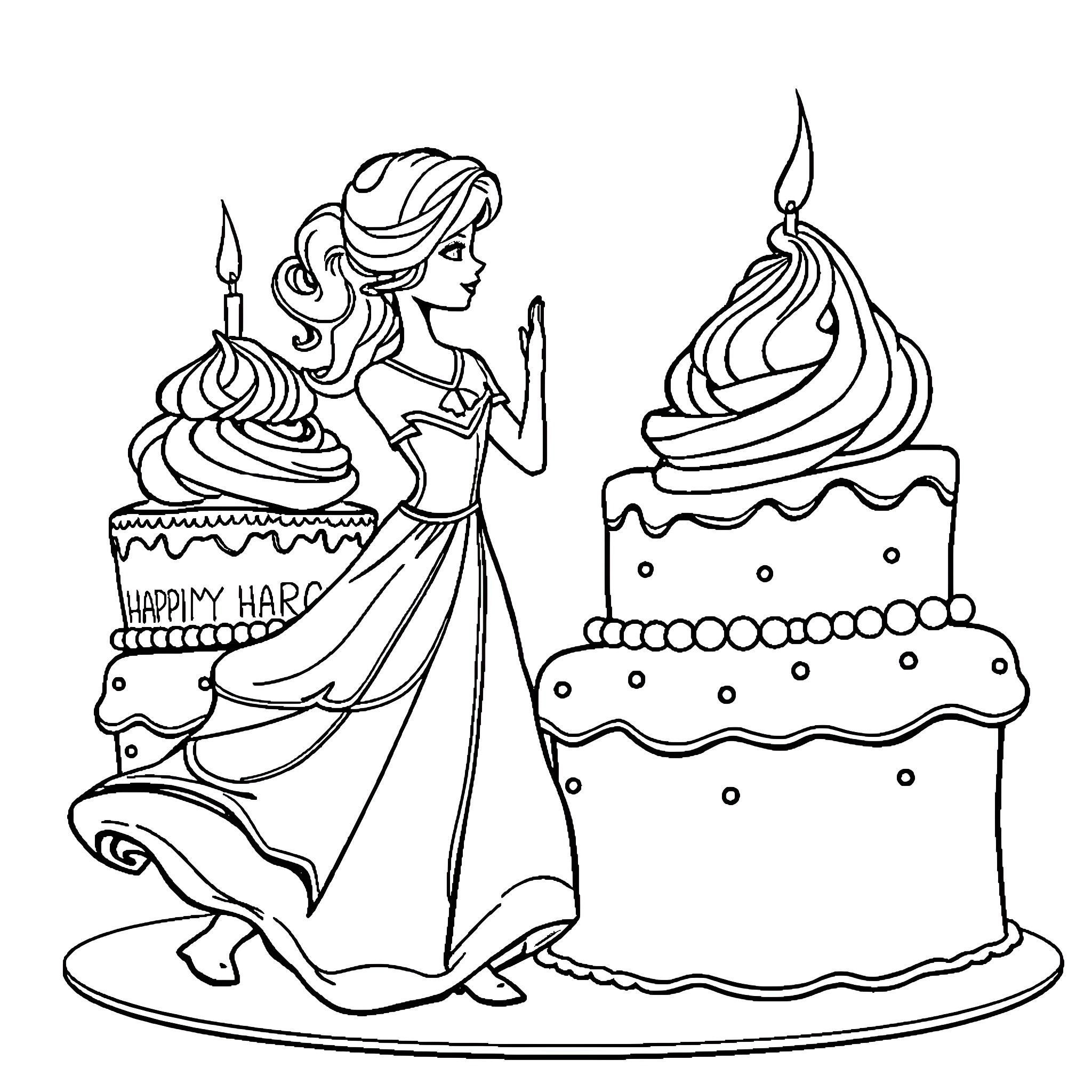 Victoria Cake with a Delighted Princess Coloring Page (free black-and-white line drawing printable PDF for all, from beginners to advanced learners, including children, teens, adults, and seniors)