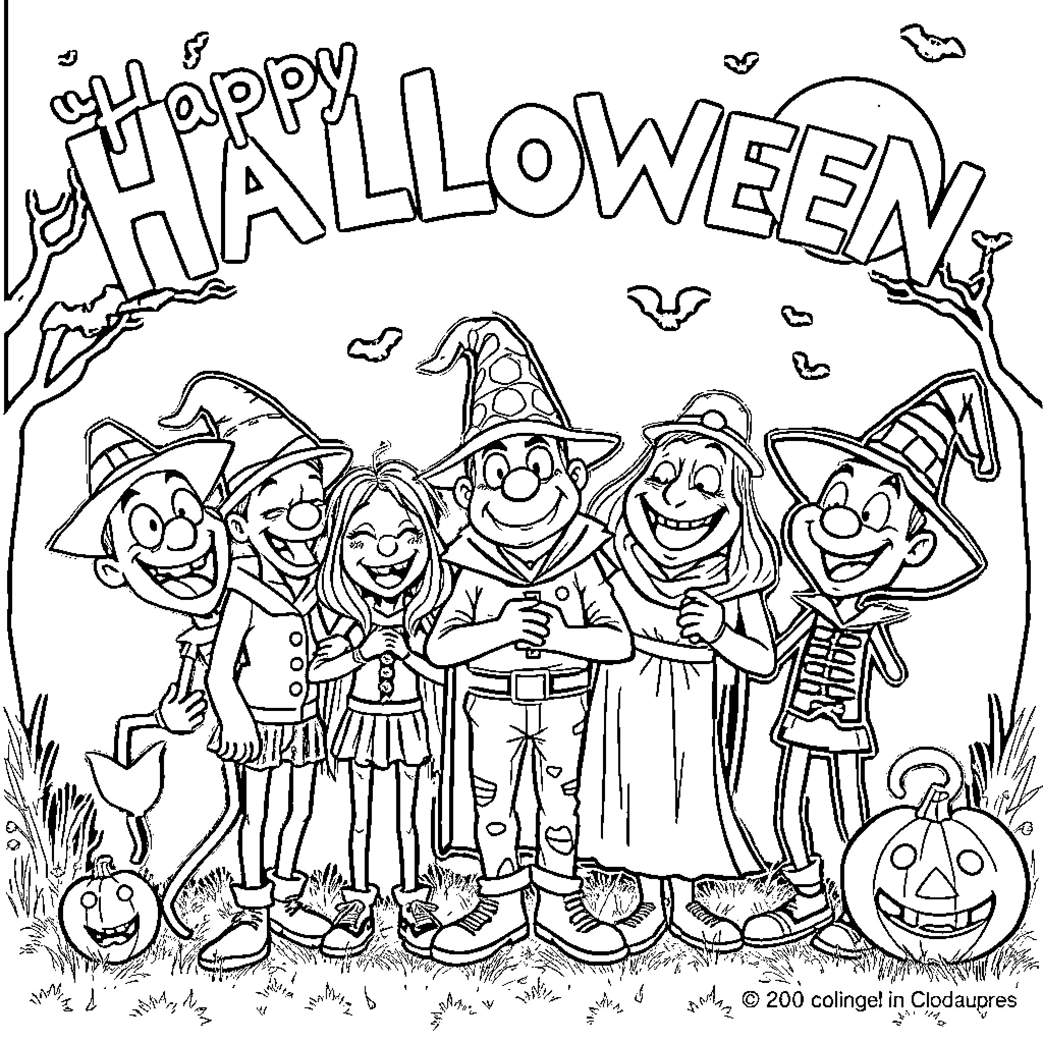 Halloween celebration with costumed characters Coloring Page (free black-and-white line drawing printable PDF for all, from beginners to advanced learners, including children, teens, adults, and seniors)