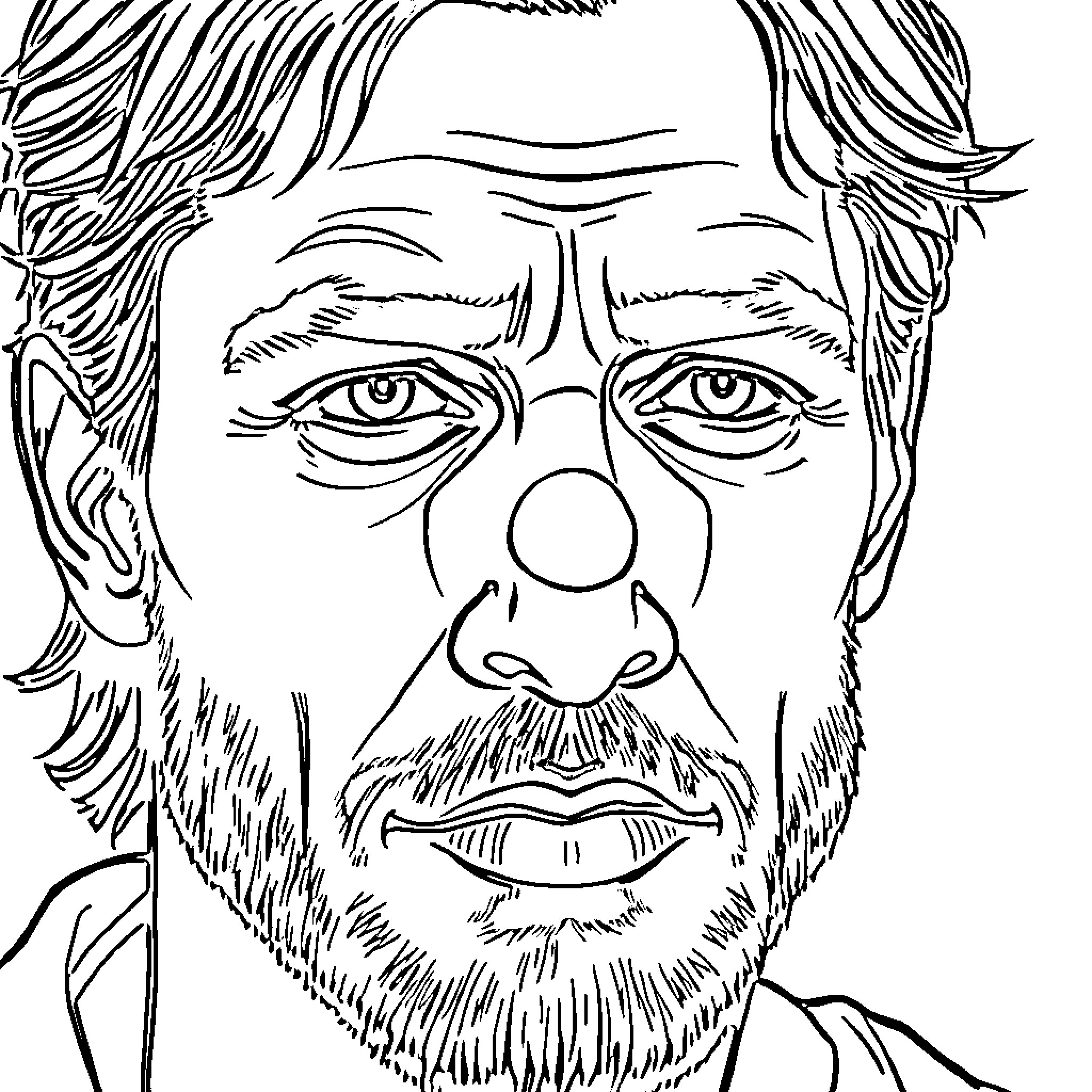 Man with Pensive Expression and Bushy Beard Coloring Page (free black-and-white line drawing printable PDF for all, from beginners to advanced learners, including children, teens, adults, and seniors)