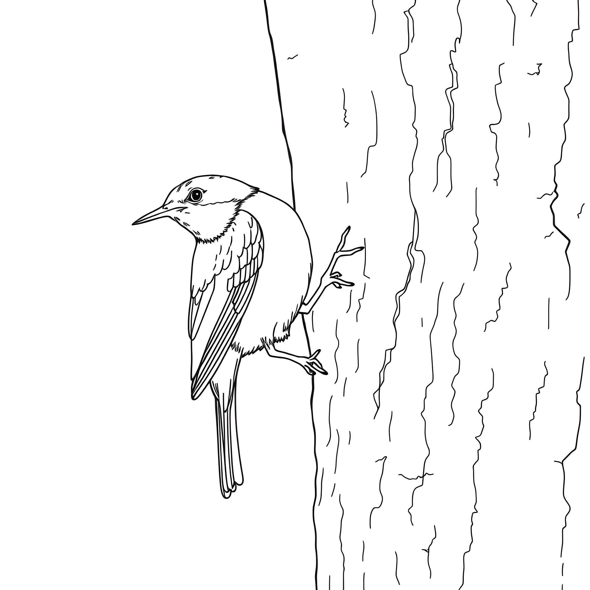 Honeycreeper perching on a tree trunk Coloring Page (free black-and-white line drawing printable PDF for all, from beginners to advanced learners, including children, teens, adults, and seniors)