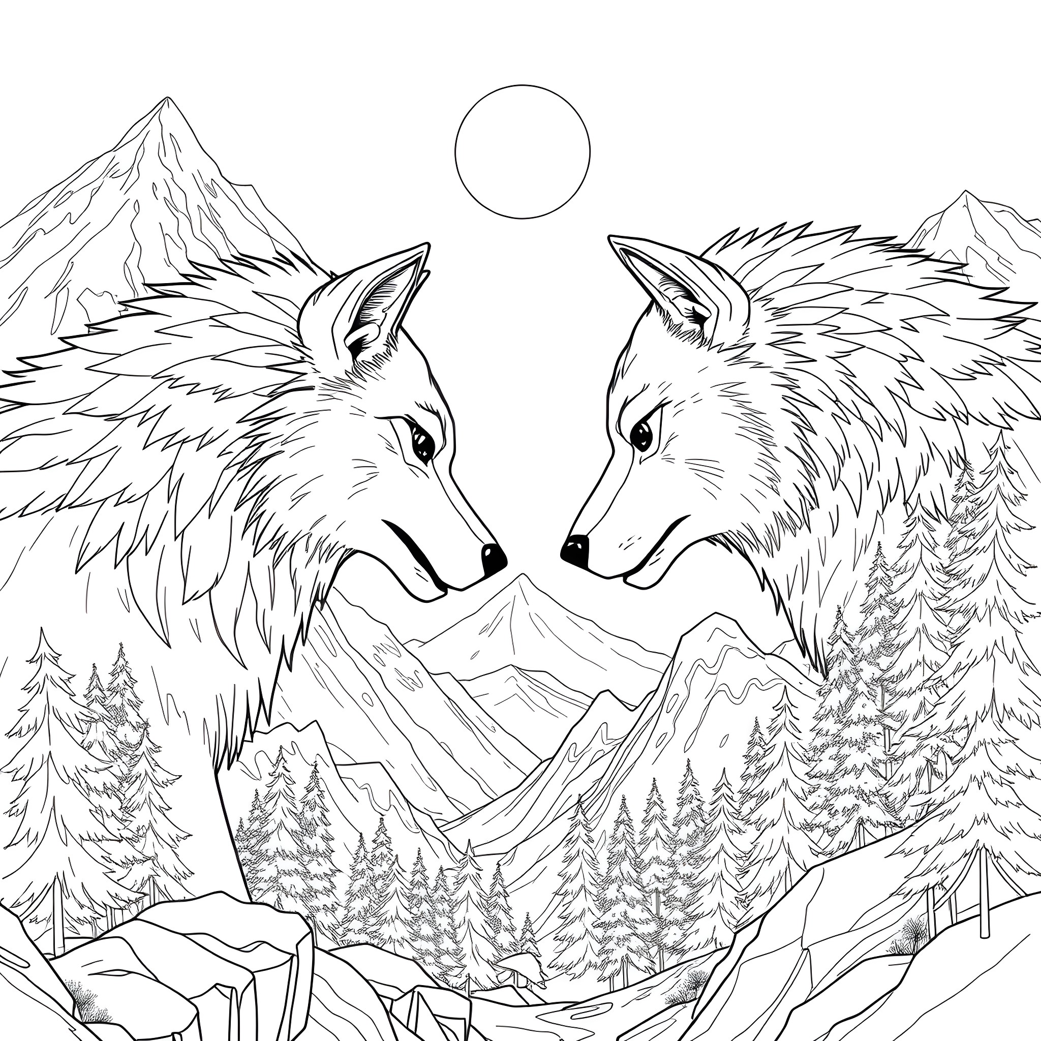 Wolf Pair Gazing at Mountain Landscape Coloring Page (free black-and-white line drawing printable PDF for all, from beginners to advanced learners, including children, teens, adults, and seniors)