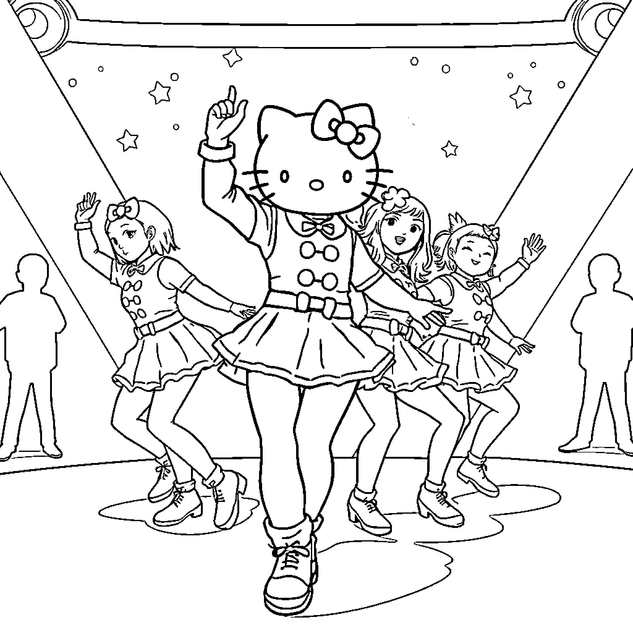 Kpop performance with playful characters and costumes Coloring Page (free black-and-white line drawing printable PDF for all, from beginners to advanced learners, including children, teens, adults, and seniors)