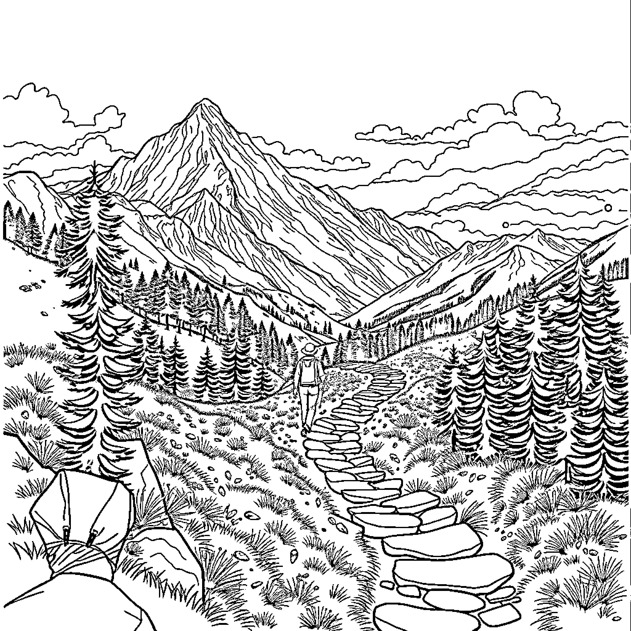 Hiking through majestic mountain landscapes Coloring Page (free black-and-white line drawing printable PDF for all, from beginners to advanced learners, including children, teens, adults, and seniors)