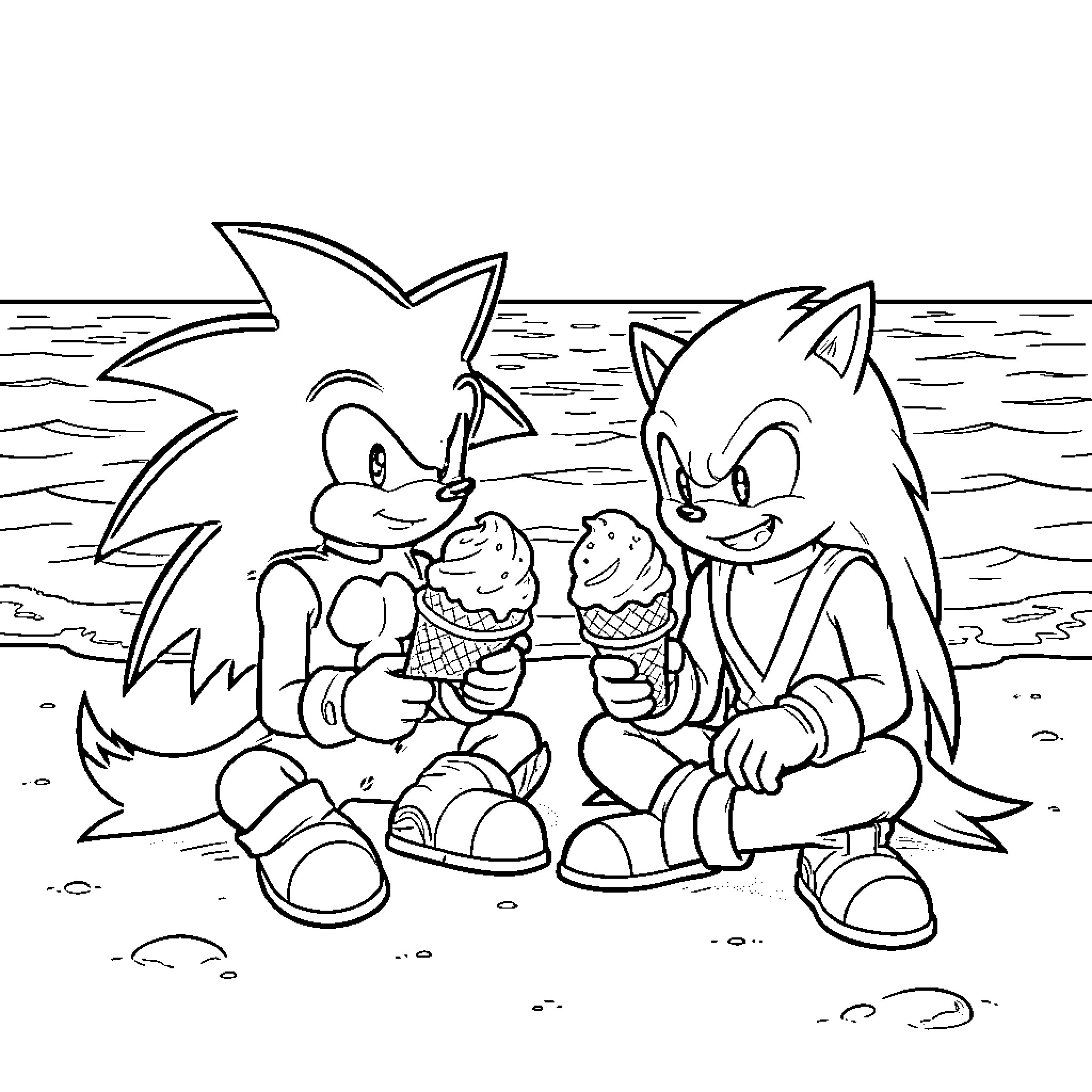 Sonic characters enjoying ice cream on the beach Coloring Page (free black-and-white line drawing printable PDF for all, from beginners to advanced learners, including children, teens, adults, and seniors)