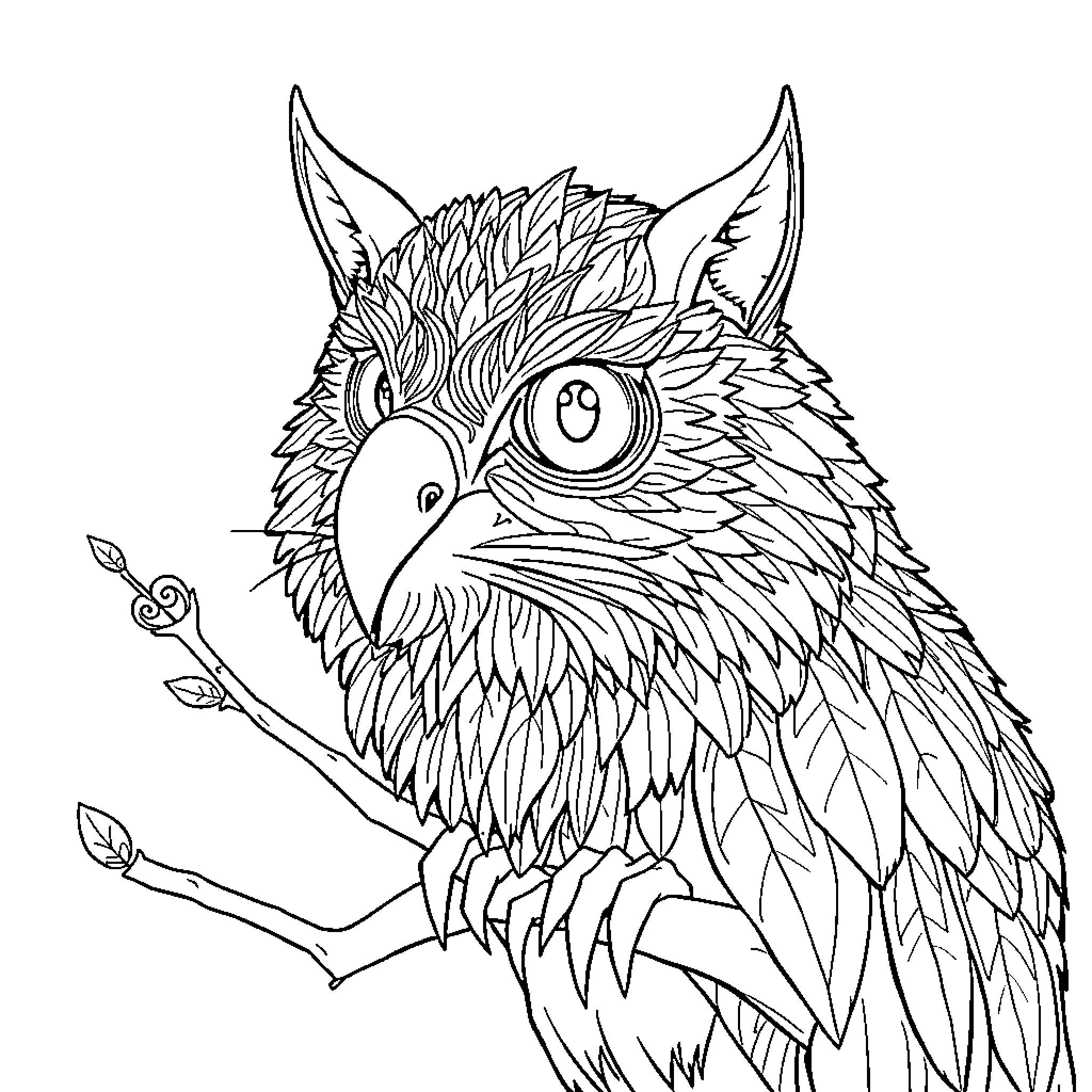 Ghost bird with whimsical feathers perching on branch Coloring Page (free black-and-white line drawing printable PDF for all, from beginners to advanced learners, including children, teens, adults, and seniors)