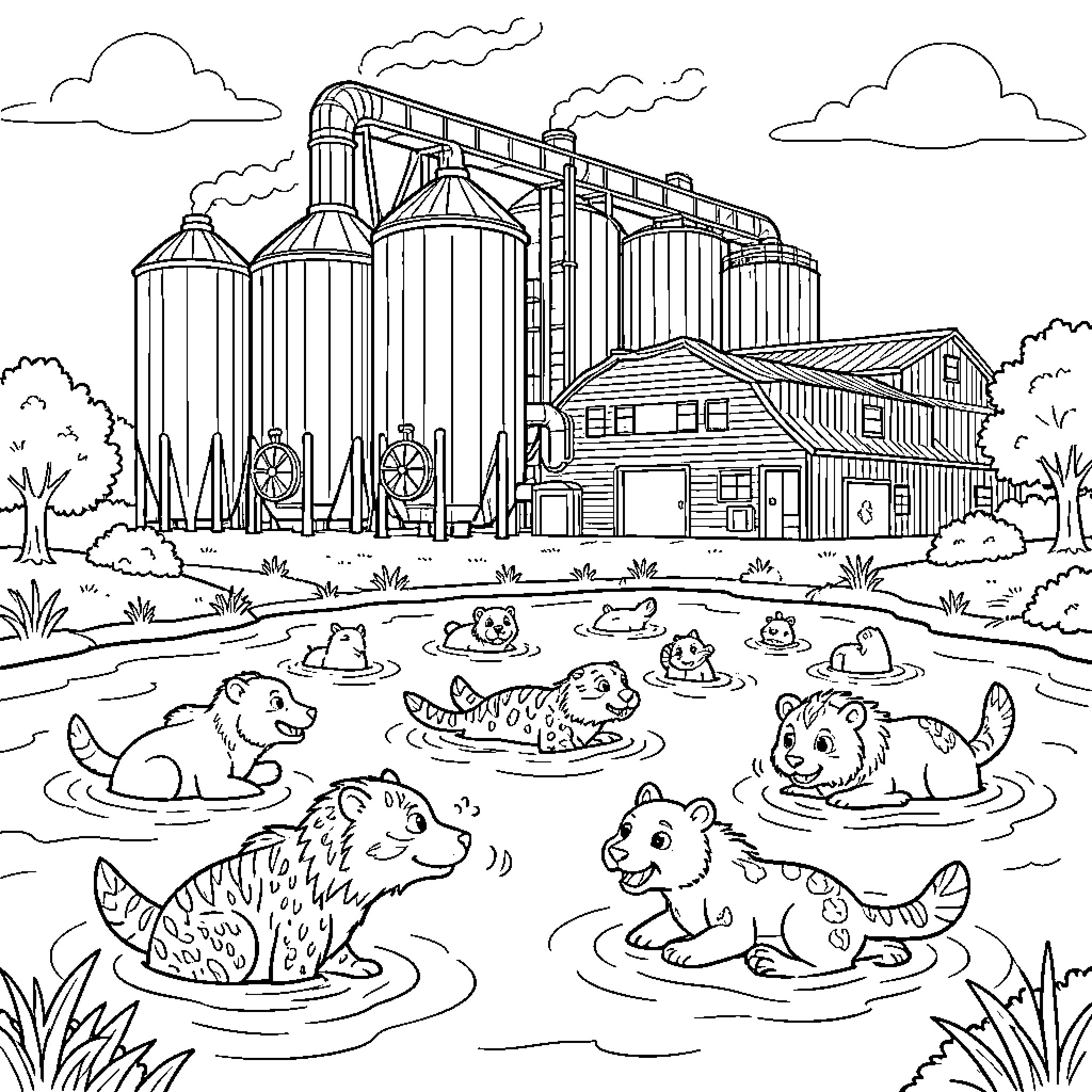 River Animal group swimming and playing in the water Coloring Page (free black-and-white line drawing printable PDF for all, from beginners to advanced learners, including children, teens, adults, and seniors)