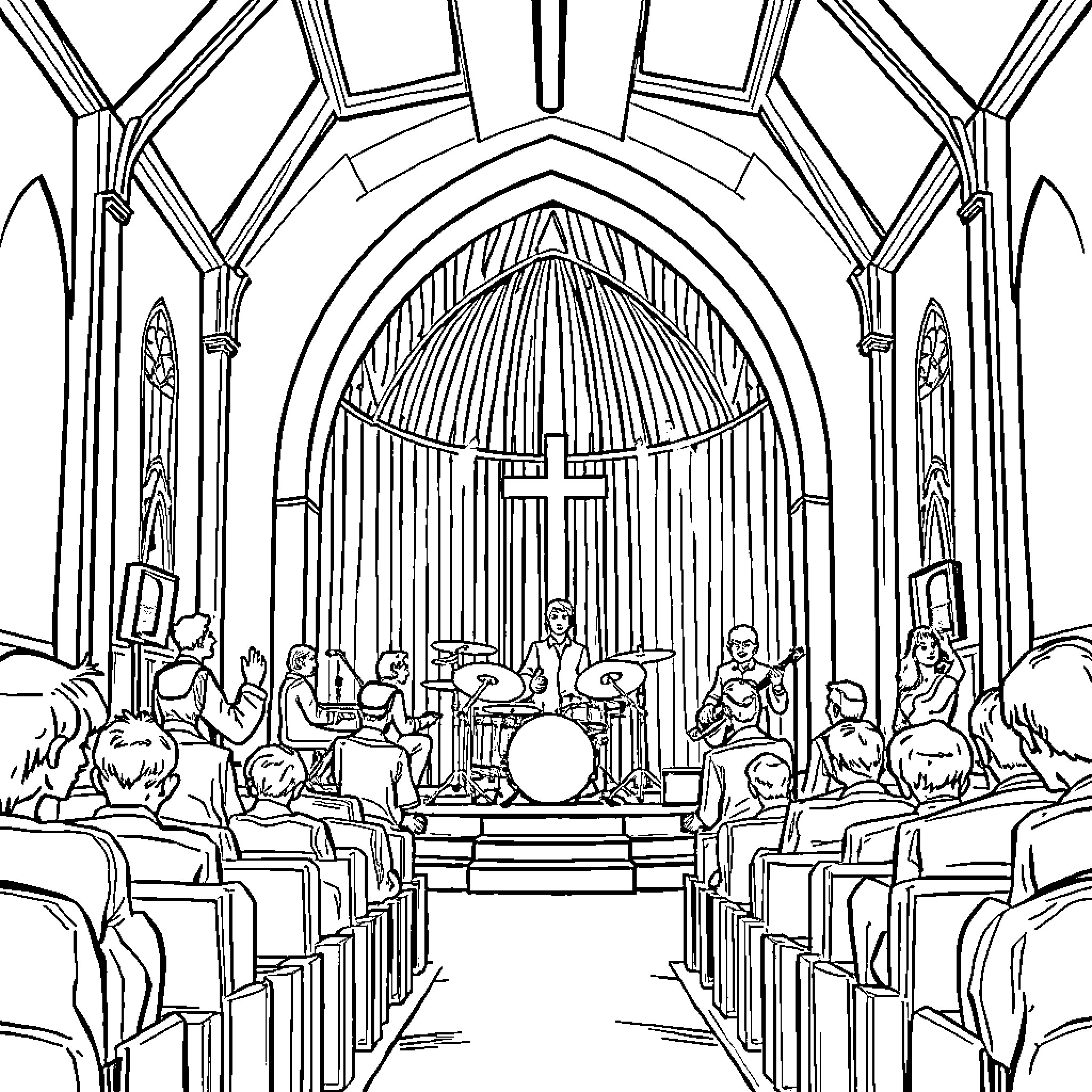 Band performing lively music in grand church Coloring Page (free black-and-white line drawing printable PDF for all, from beginners to advanced learners, including children, teens, adults, and seniors)
