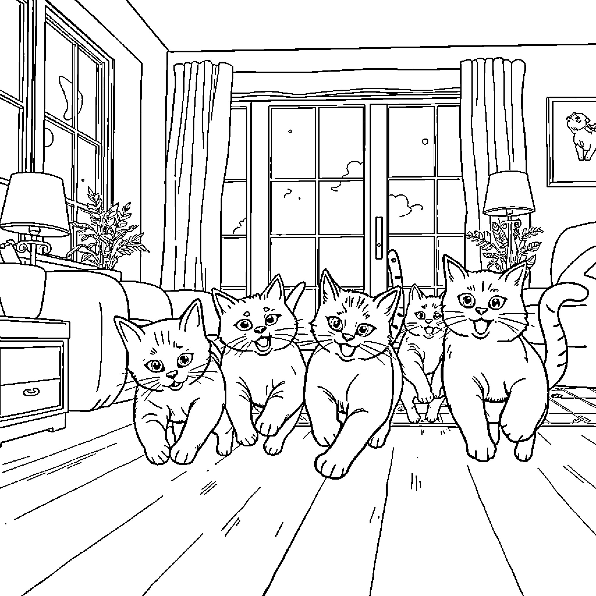Cats sitting in a cozy living room Coloring Page (free black-and-white line drawing printable PDF for all, from beginners to advanced learners, including children, teens, adults, and seniors)
