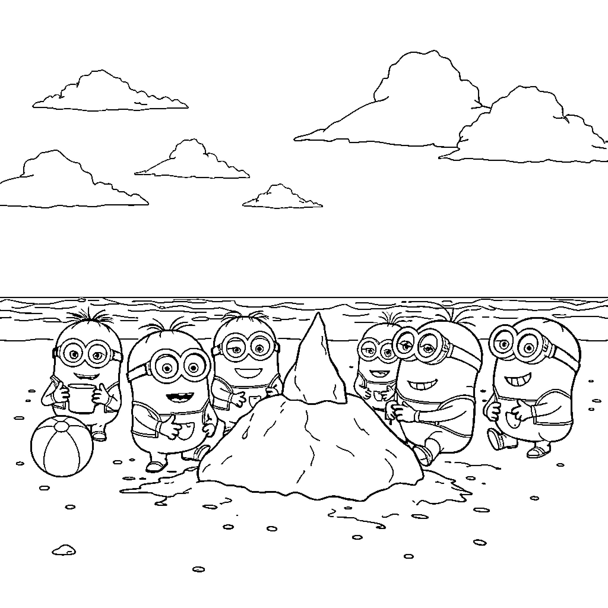 Minions Building a Sandcastle on the Beach Coloring Page (free black-and-white line drawing printable PDF for all, from beginners to advanced learners, including children, teens, adults, and seniors)