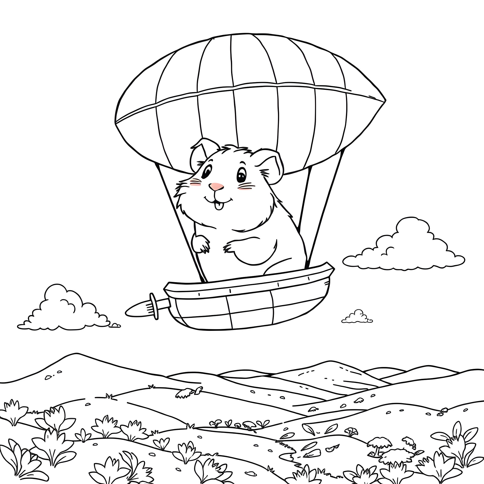 Guinea Pig riding a hot air balloon above the mountains Coloring Page (free black-and-white line drawing printable PDF for all, from beginners to advanced learners, including children, teens, adults, and seniors)