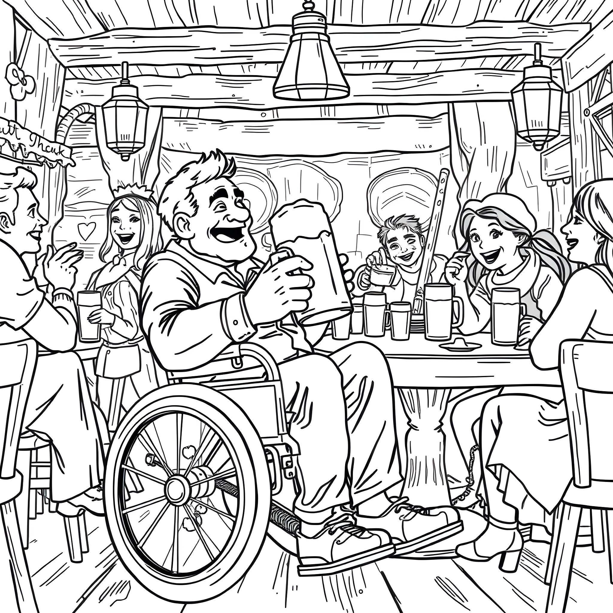 Man in wheelchair enjoying with friends at bar Coloring Page (free black-and-white line drawing printable PDF for all, from beginners to advanced learners, including children, teens, adults, and seniors)