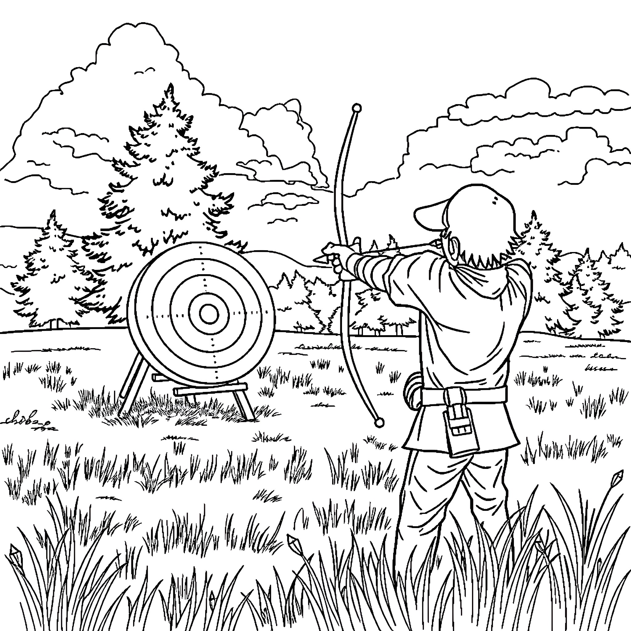 Archery in the Wilderness Coloring Page (free black-and-white line drawing printable PDF for all, from beginners to advanced learners, including children, teens, adults, and seniors)