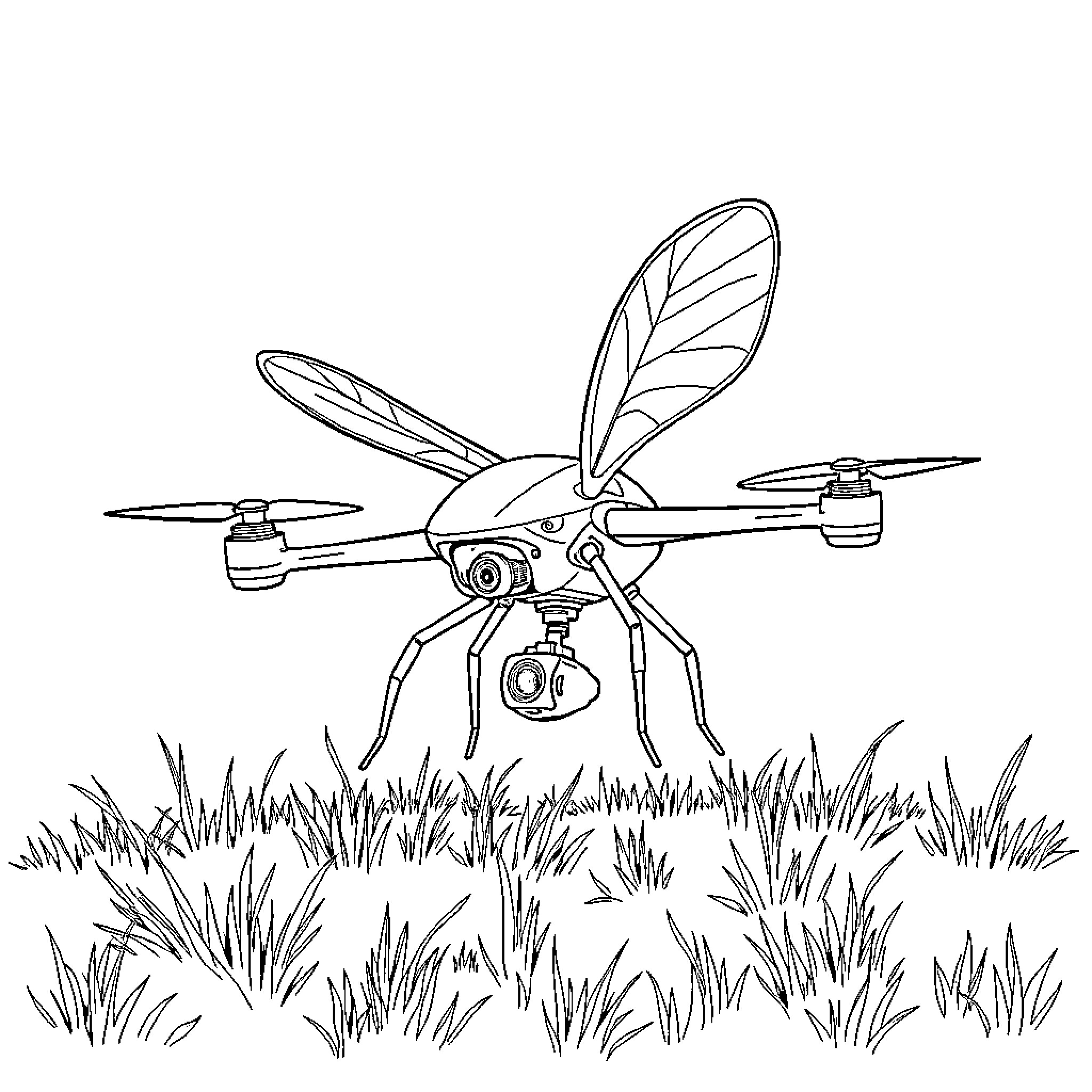 Drone hovering over grassy field Coloring Page (free black-and-white line drawing printable PDF for all, from beginners to advanced learners, including children, teens, adults, and seniors)