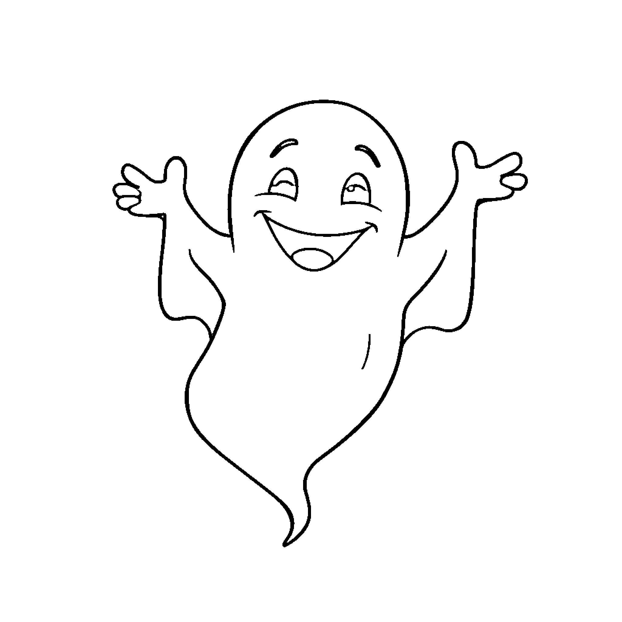 Ghost happily floating with arms raised Coloring Page (free black-and-white line drawing printable PDF for all, from beginners to advanced learners, including children, teens, adults, and seniors)