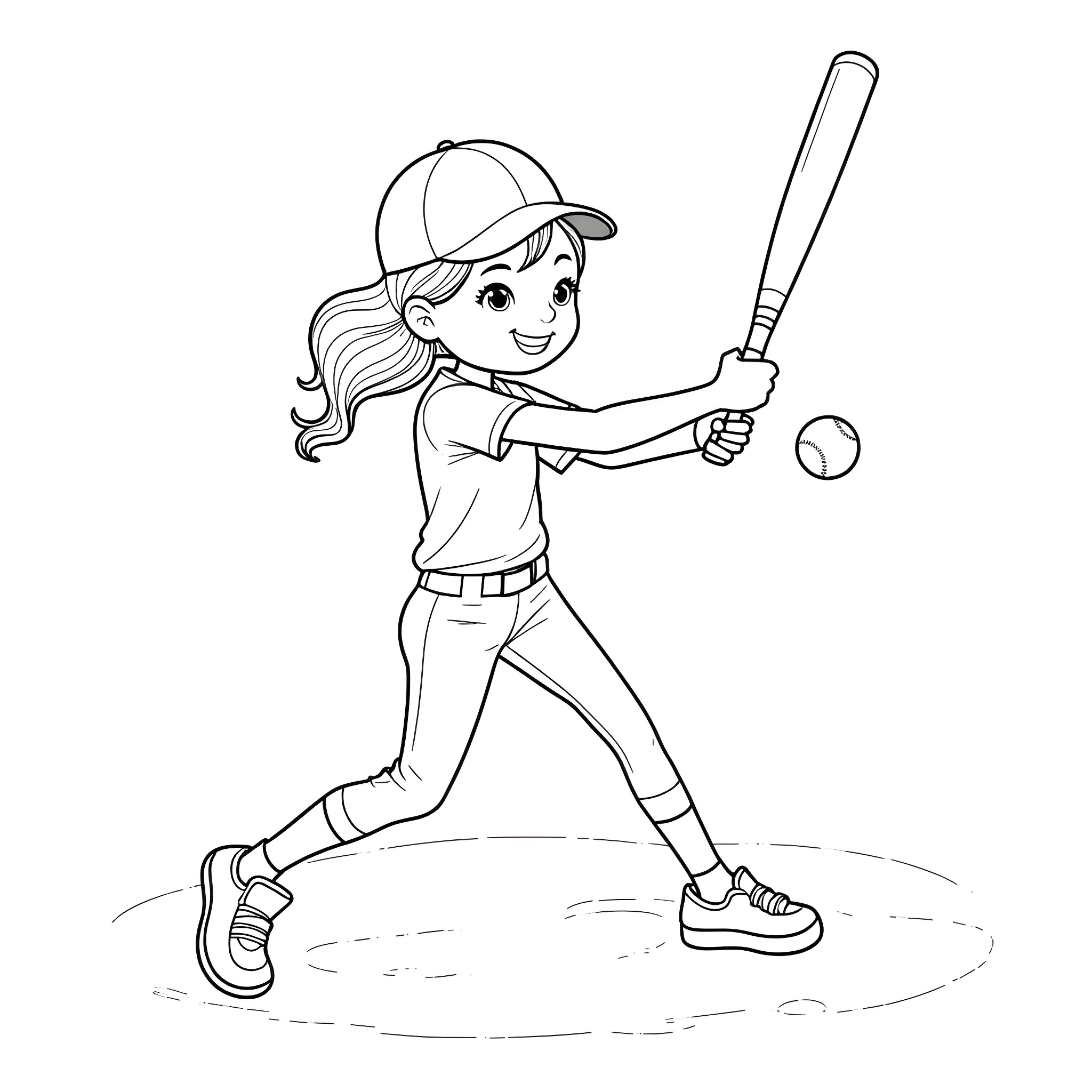 Girl playing baseball with enthusiasm Coloring Page (free black-and-white line drawing printable PDF for all, from beginners to advanced learners, including children, teens, adults, and seniors)