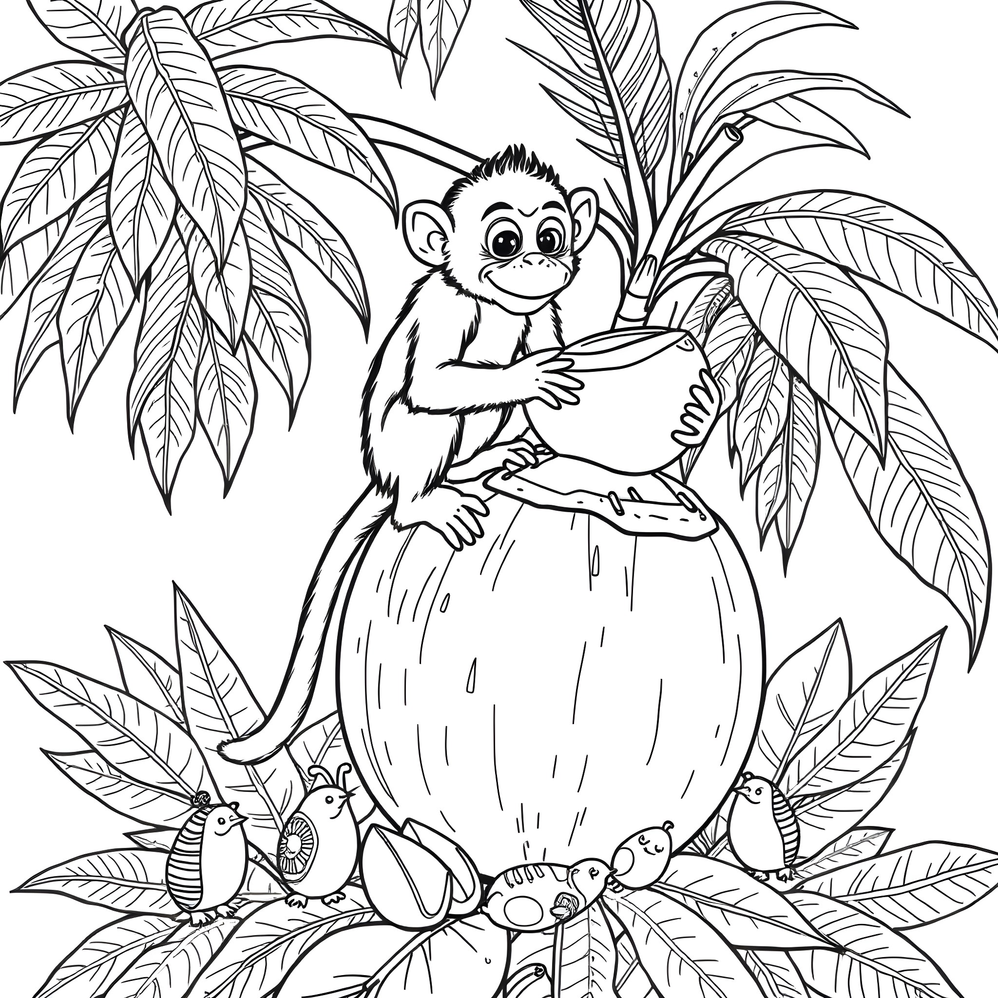 Monkey sitting on a coconut in the jungle Coloring Page (free black-and-white line drawing printable PDF for all, from beginners to advanced learners, including children, teens, adults, and seniors)