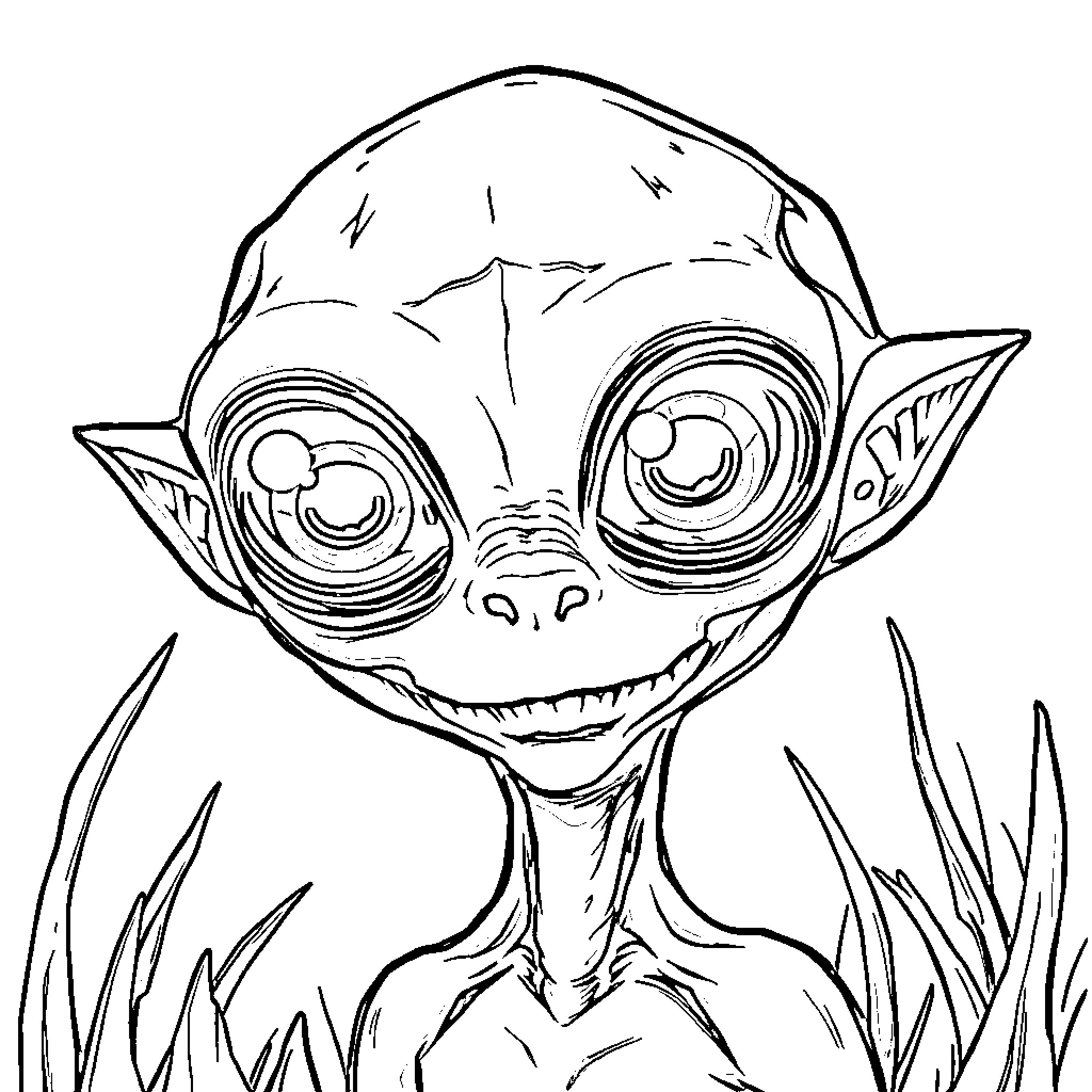Alien creature with wide-eyed expression and unusual appearance Coloring Page (free black-and-white line drawing printable PDF for all, from beginners to advanced learners, including children, teens, adults, and seniors)