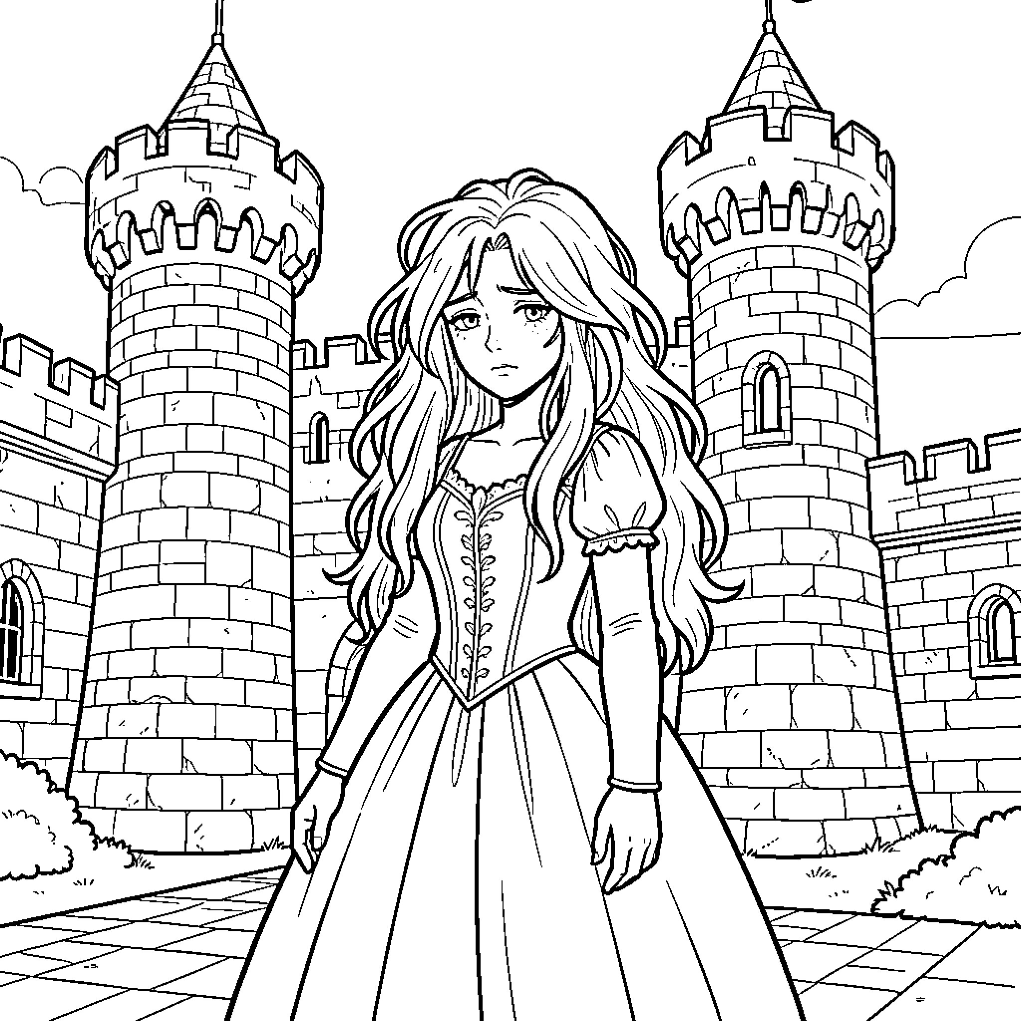 Princess in a Majestic Castle Coloring Page (free black-and-white line drawing printable PDF for all, from beginners to advanced learners, including children, teens, adults, and seniors)