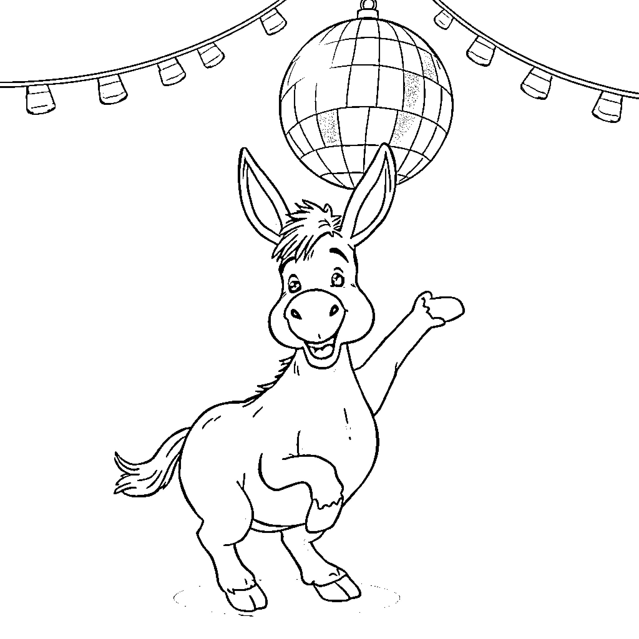 Donkey dancing under disco ball with lights Coloring Page (free black-and-white line drawing printable PDF for all, from beginners to advanced learners, including children, teens, adults, and seniors)