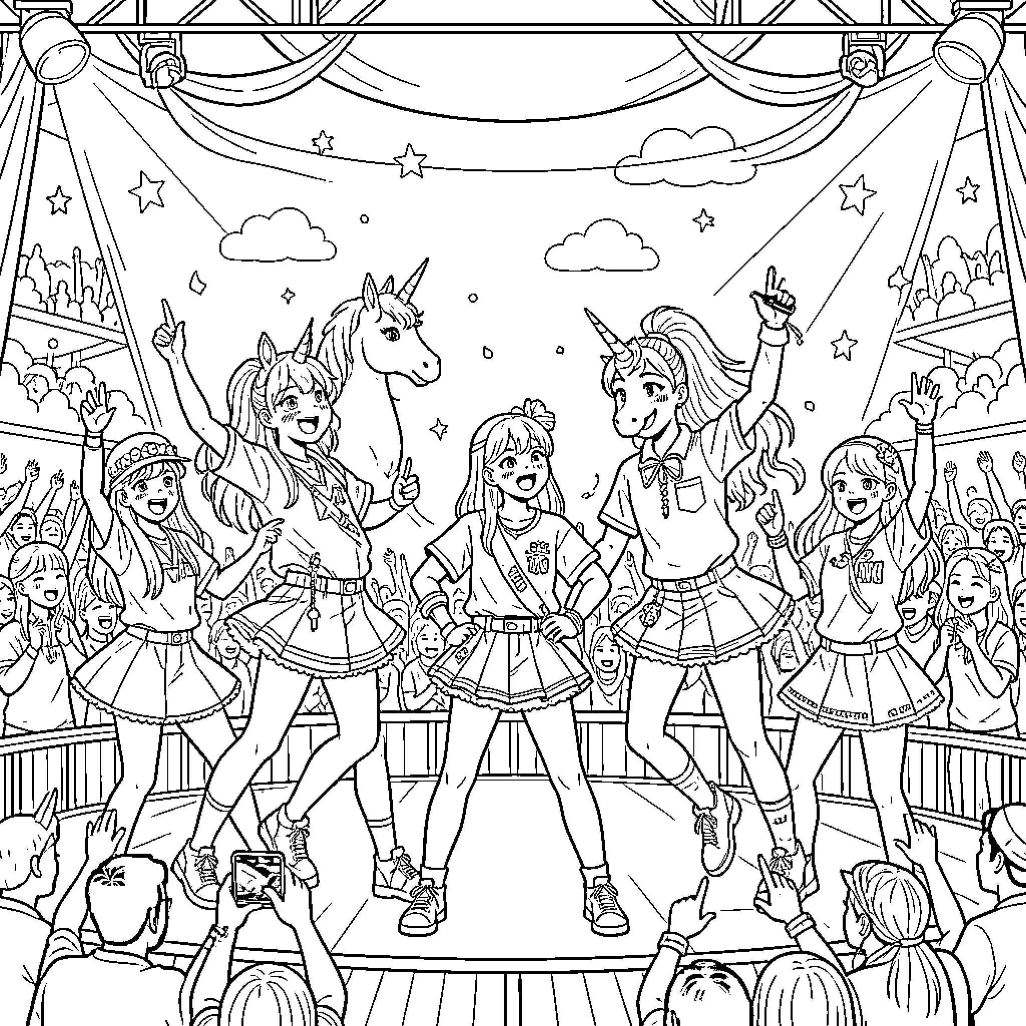 Kpop girl group performing energetically on a concert stage Coloring Page (free black-and-white line drawing printable PDF for all, from beginners to advanced learners, including children, teens, adults, and seniors)