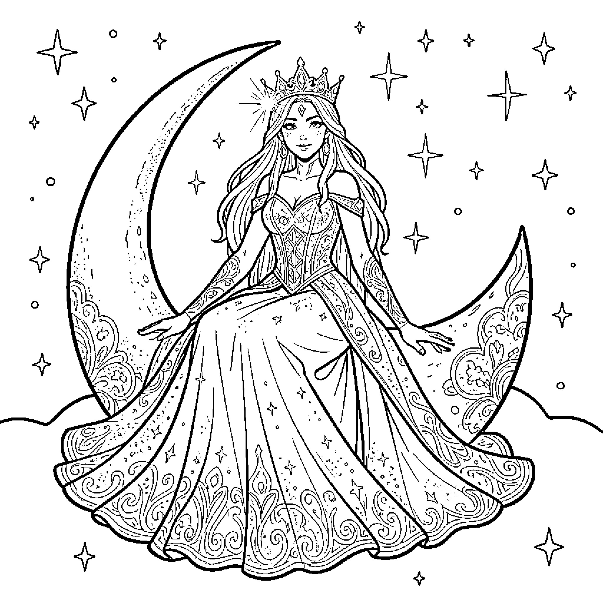 Queen in Regal Attire Under the Starry Night Sky Coloring Page (free black-and-white line drawing printable PDF for all, from beginners to advanced learners, including children, teens, adults, and seniors)