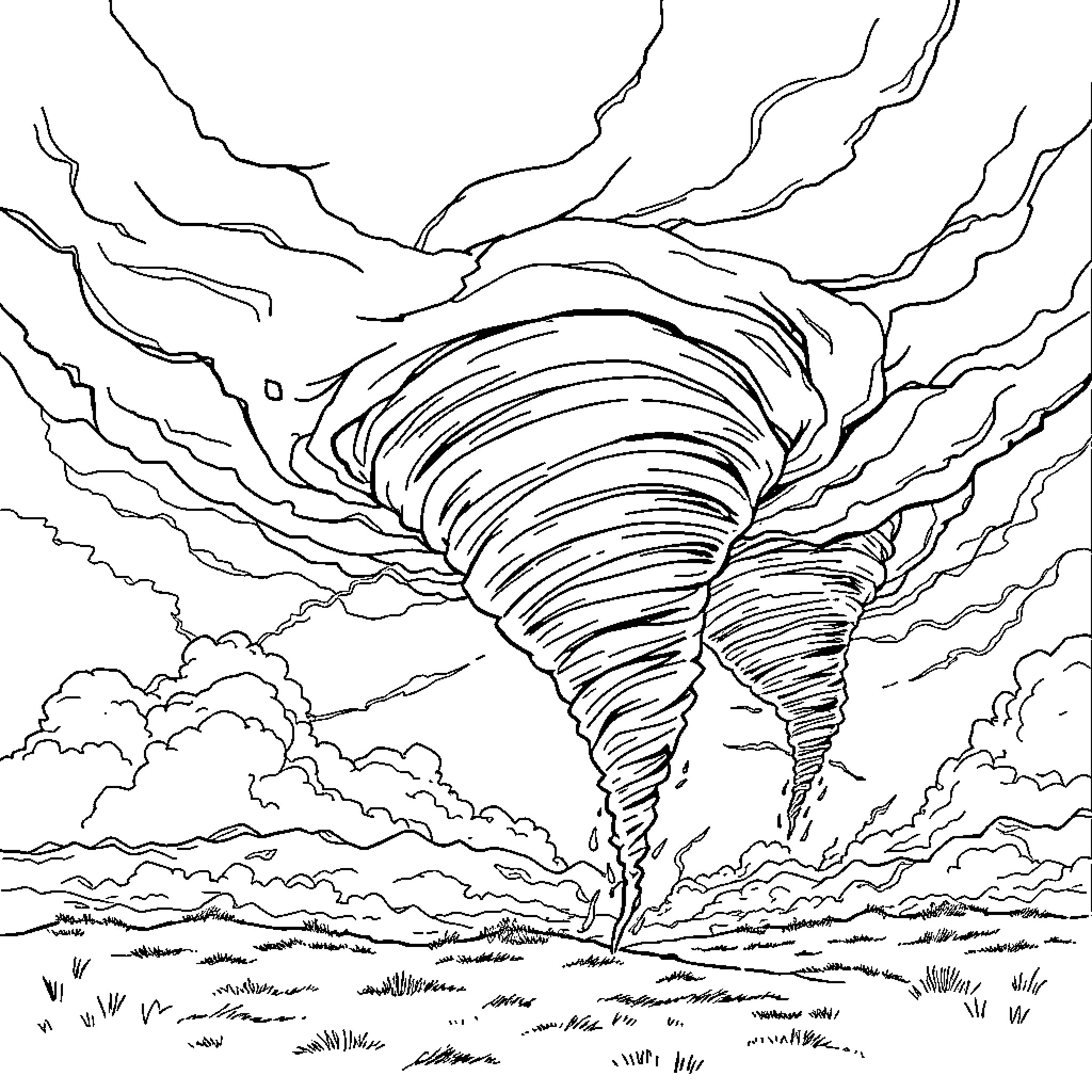 Tornado swirling through a stormy landscape Coloring Page (free black-and-white line drawing printable PDF for all, from beginners to advanced learners, including children, teens, adults, and seniors)