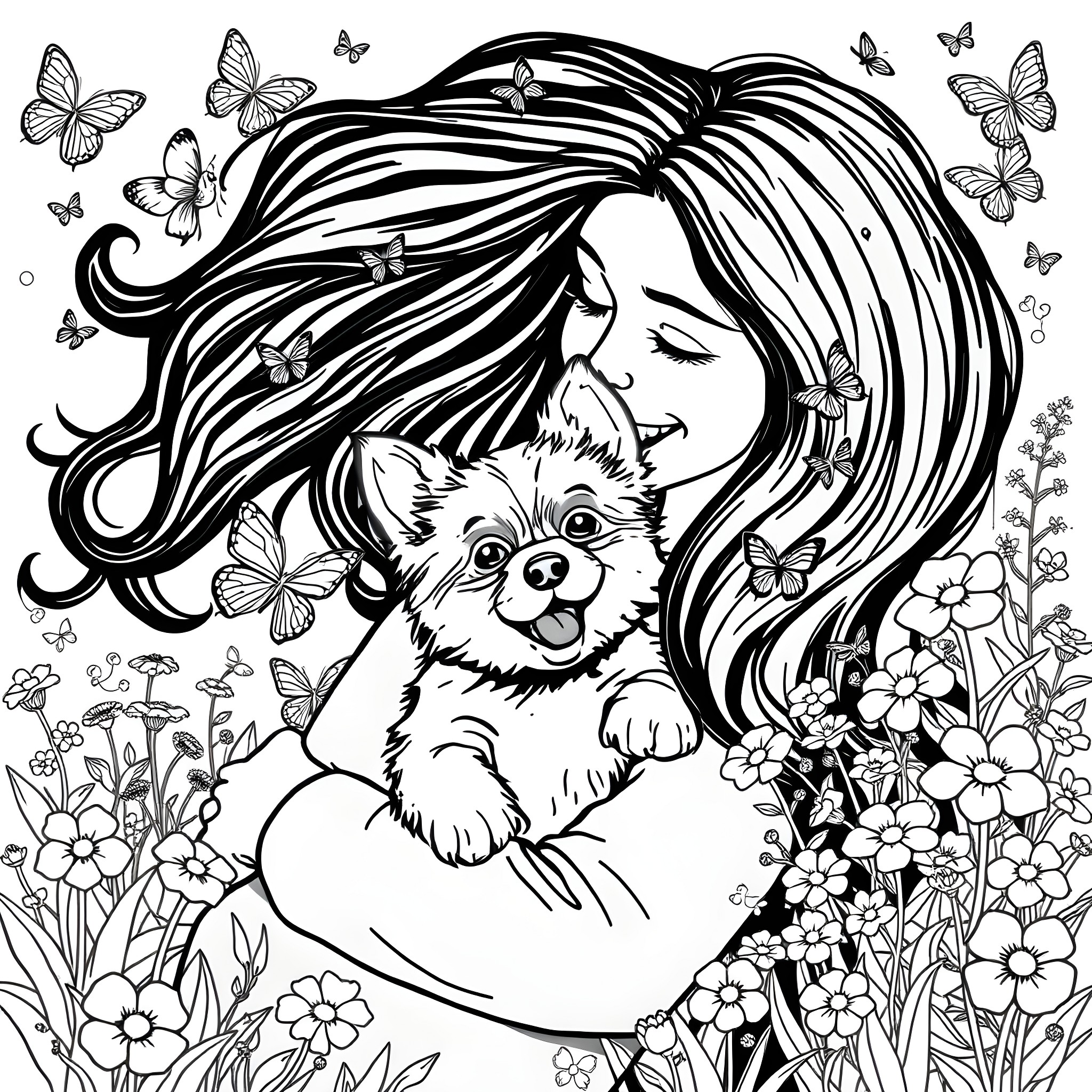 Hund and woman surrounded by flowers and butterflies Coloring Page (free black-and-white line drawing printable PDF for all, from beginners to advanced learners, including children, teens, adults, and seniors)