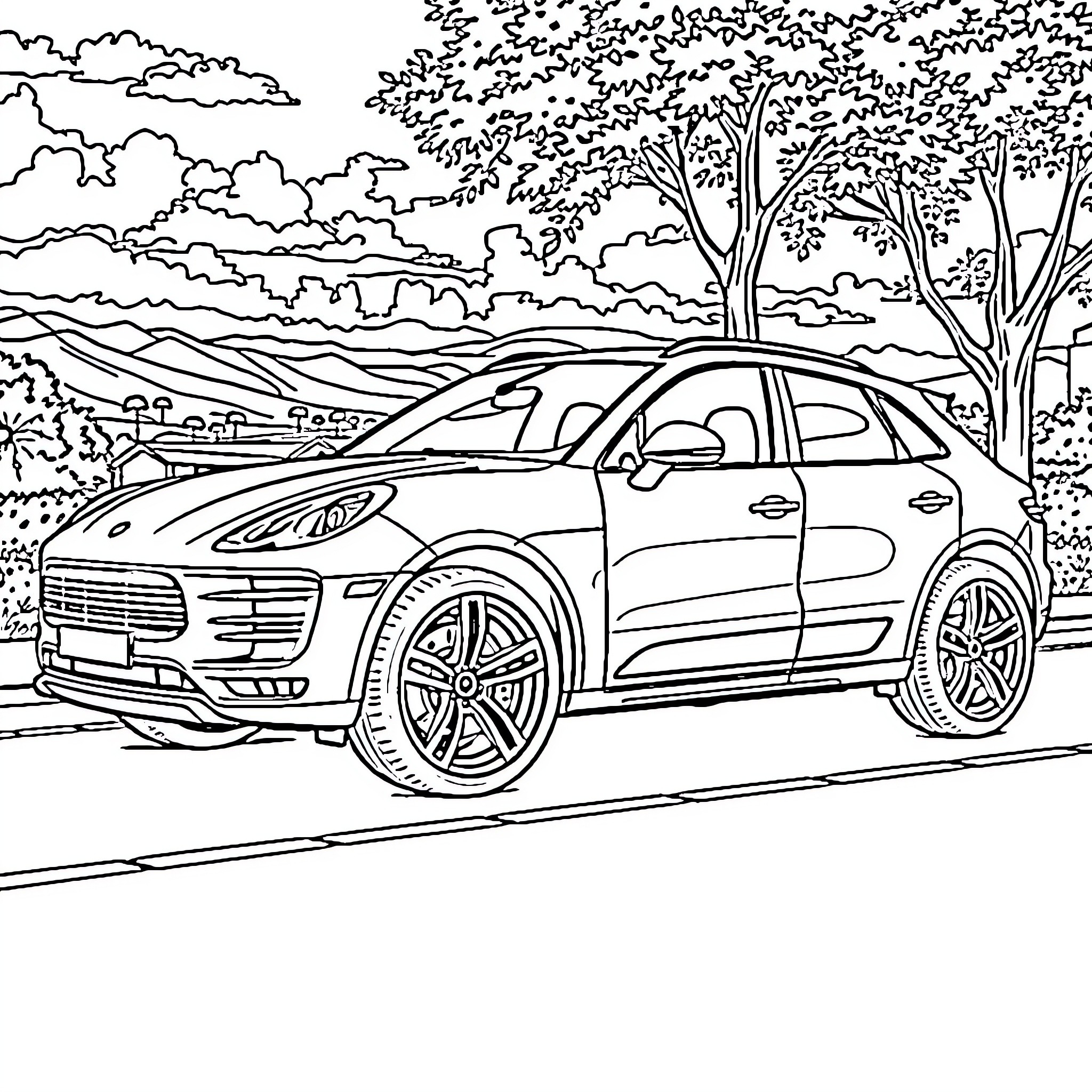 Macan driving on a scenic road Coloring Page (free black-and-white line drawing printable PDF for all, from beginners to advanced learners, including children, teens, adults, and seniors)