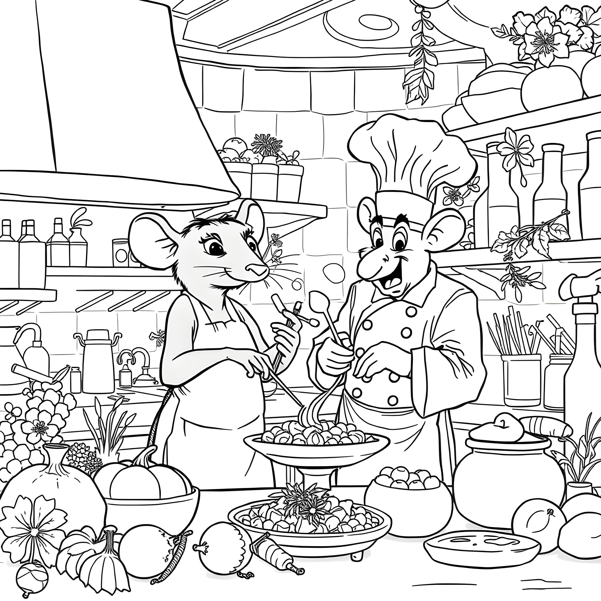 Ratatouille: Rats cooking together in a cozy kitchen Coloring Page (free black-and-white line drawing printable PDF for all, from beginners to advanced learners, including children, teens, adults, and seniors)