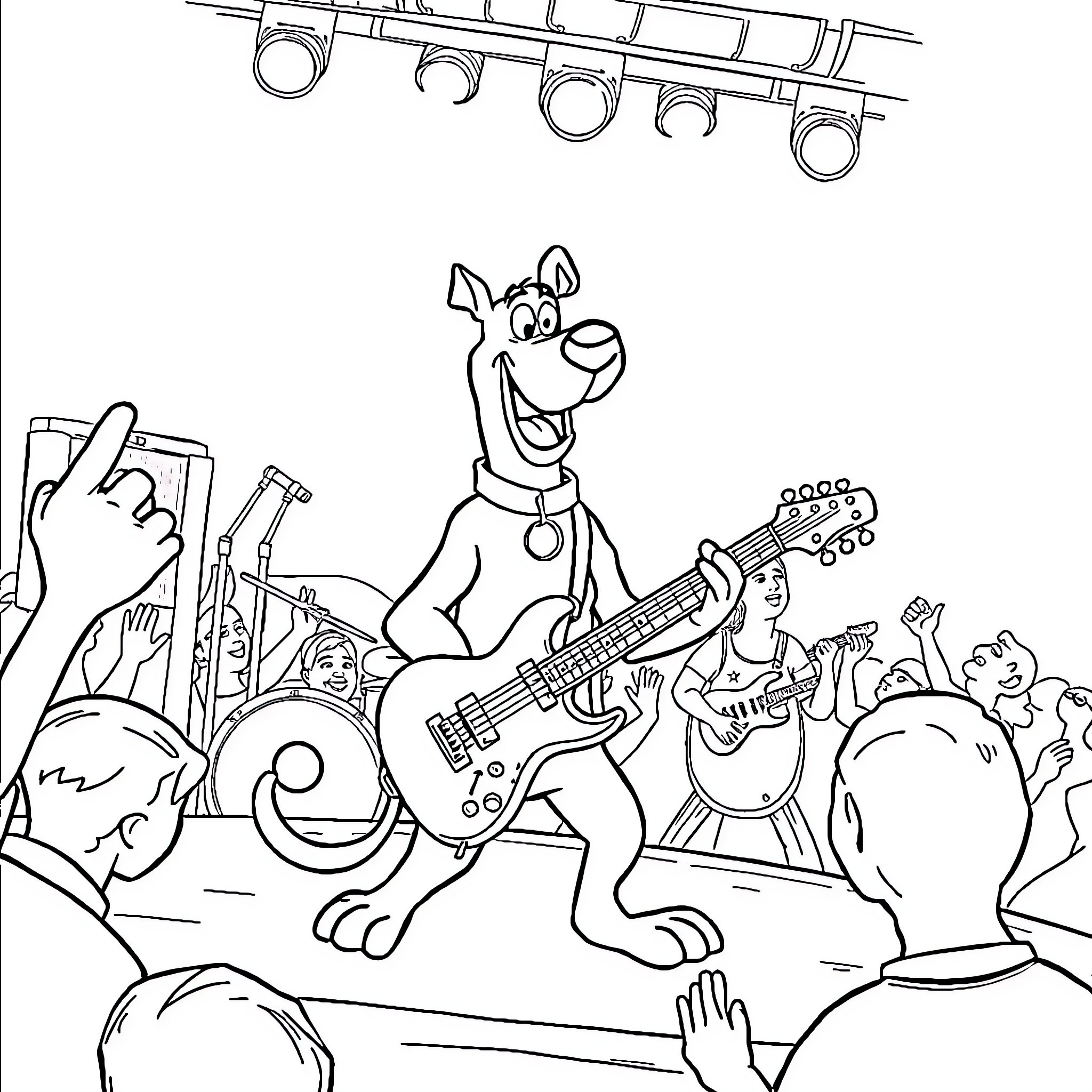 Scooby Doo performing on stage with a band Coloring Page (free black-and-white line drawing printable PDF for all, from beginners to advanced learners, including children, teens, adults, and seniors)