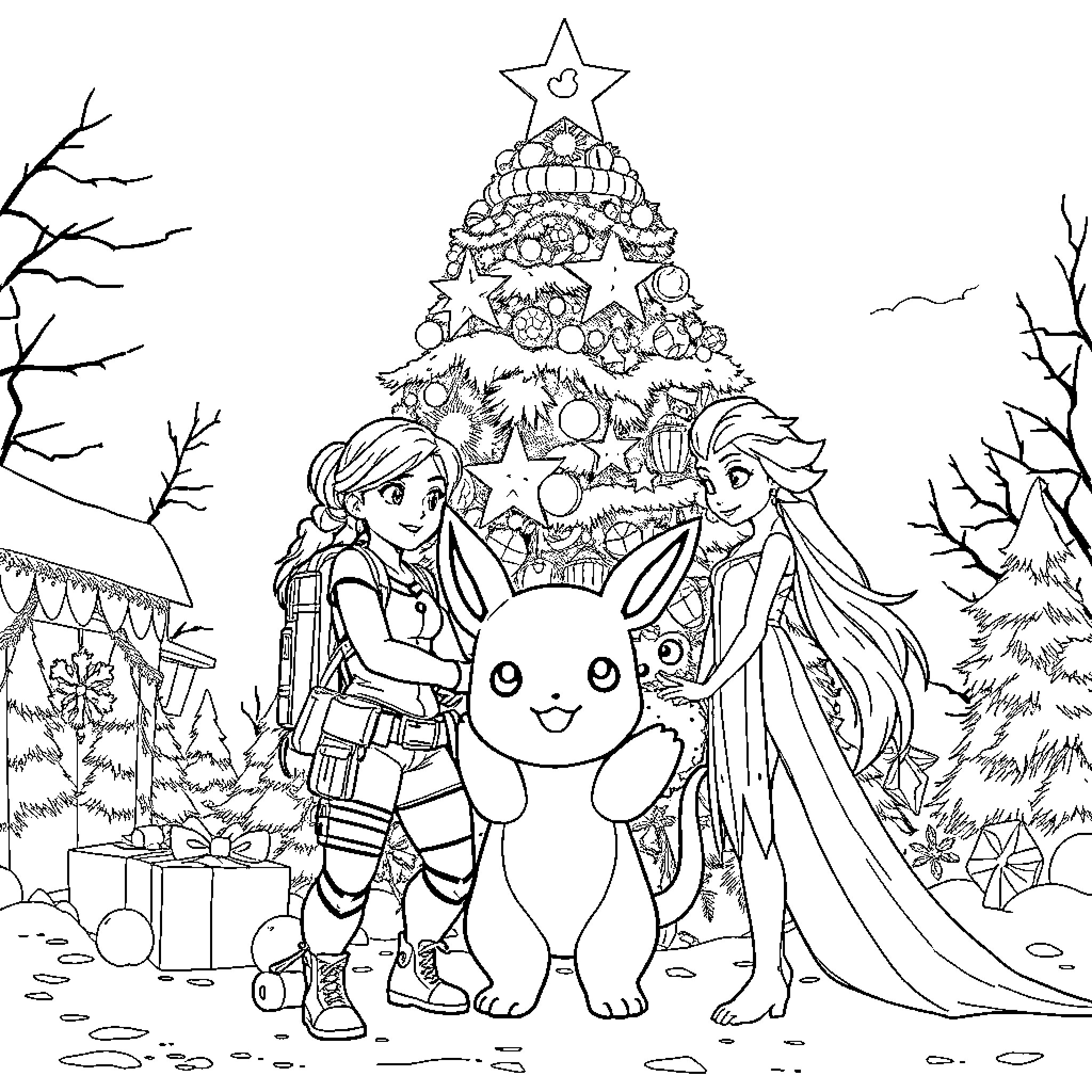 Character Christmas Celebration with Decorated Tree Coloring Page (free black-and-white line drawing printable PDF for all, from beginners to advanced learners, including children, teens, adults, and seniors)