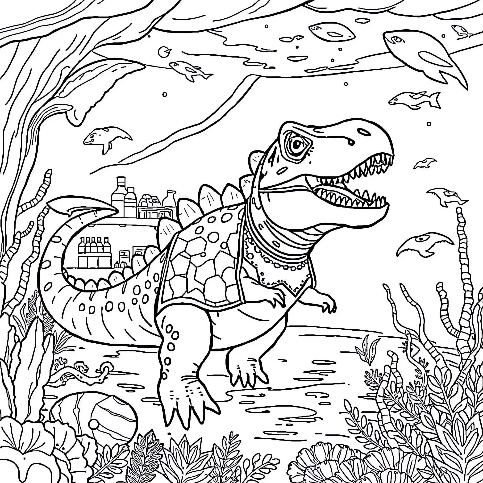 Mosasaur exploring the underwater world Coloring Page (free black-and-white line drawing printable PDF for all, from beginners to advanced learners, including children, teens, adults, and seniors)