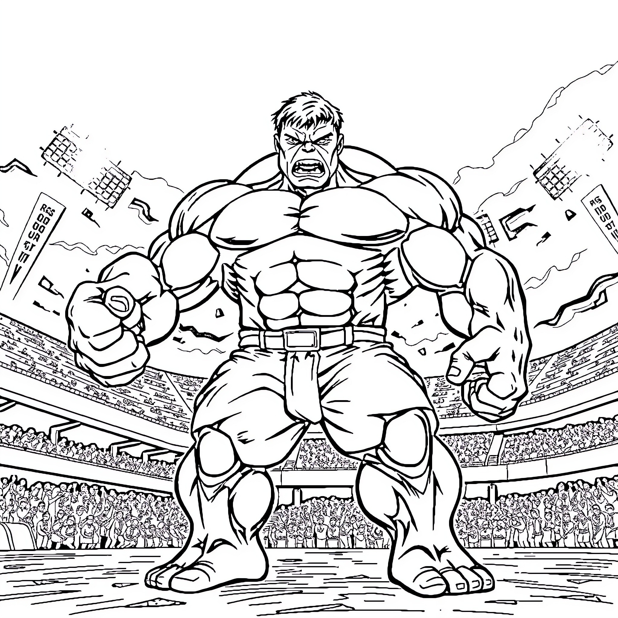 Hulk Smashing Heroically in the Arena Coloring Page (free black-and-white line drawing printable PDF for all, from beginners to advanced learners, including children, teens, adults, and seniors)