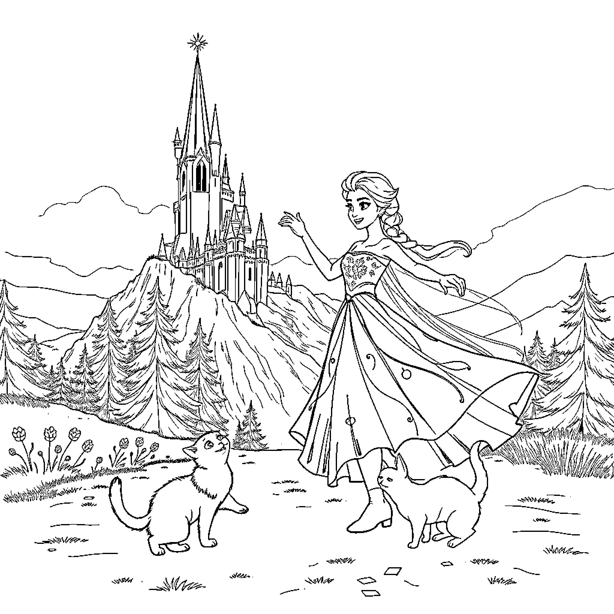 Frozen characters exploring magical castle landscape Coloring Page (free black-and-white line drawing printable PDF for all, from beginners to advanced learners, including children, teens, adults, and seniors)