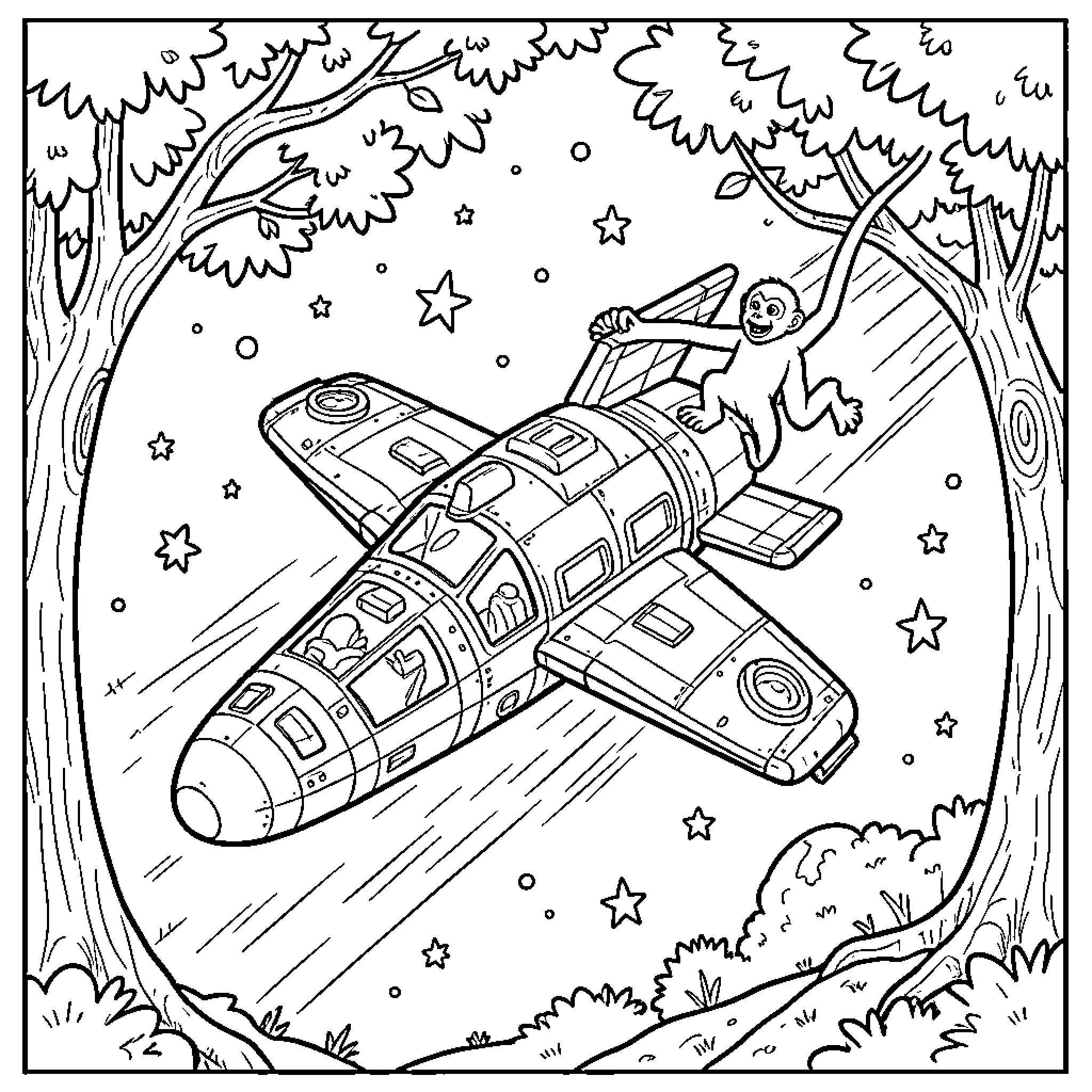 Starship zipping through the starry night sky Coloring Page (free black-and-white line drawing printable PDF for all, from beginners to advanced learners, including children, teens, adults, and seniors)
