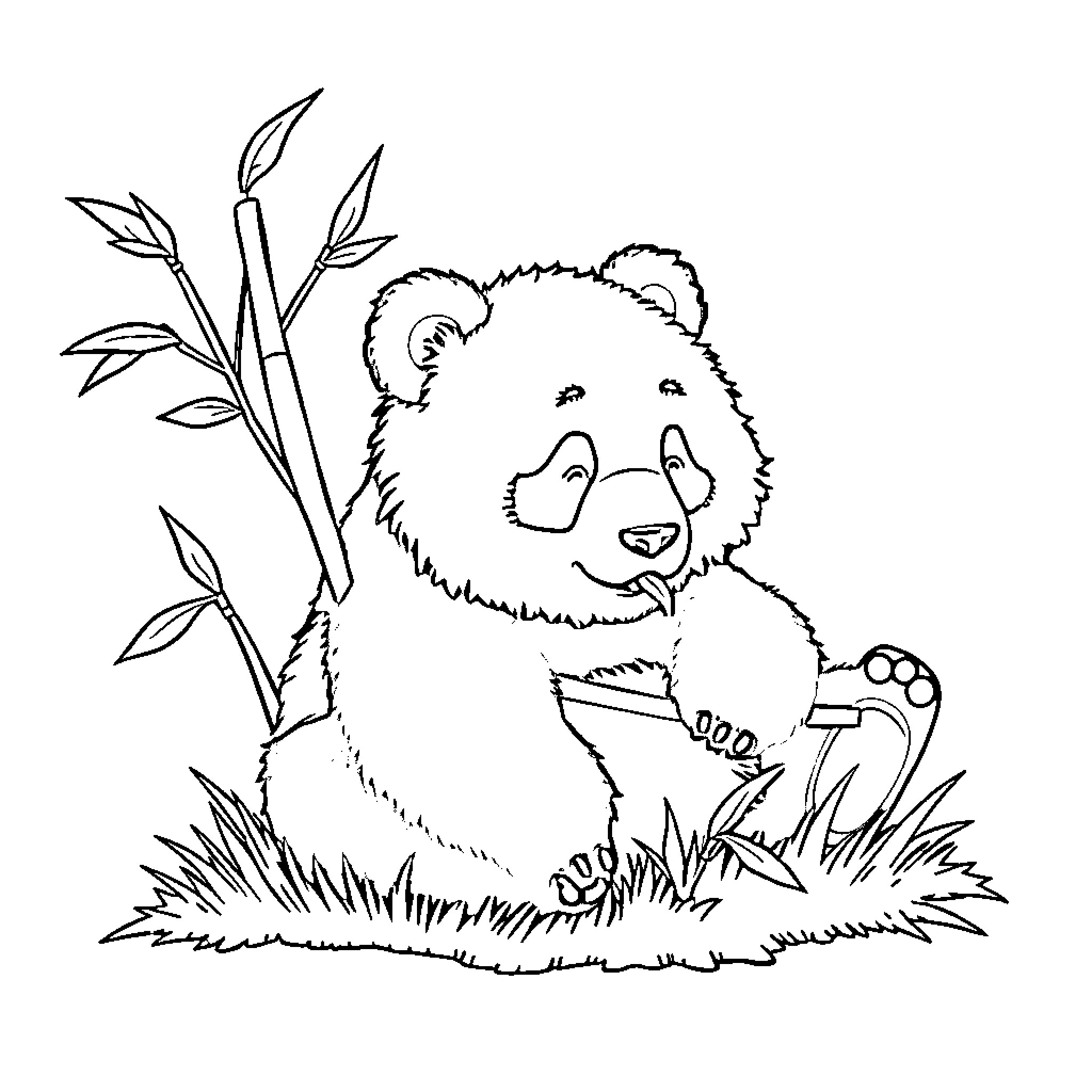 Panda resting peacefully among bamboo plants Coloring Page (free black-and-white line drawing printable PDF for all, from beginners to advanced learners, including children, teens, adults, and seniors)
