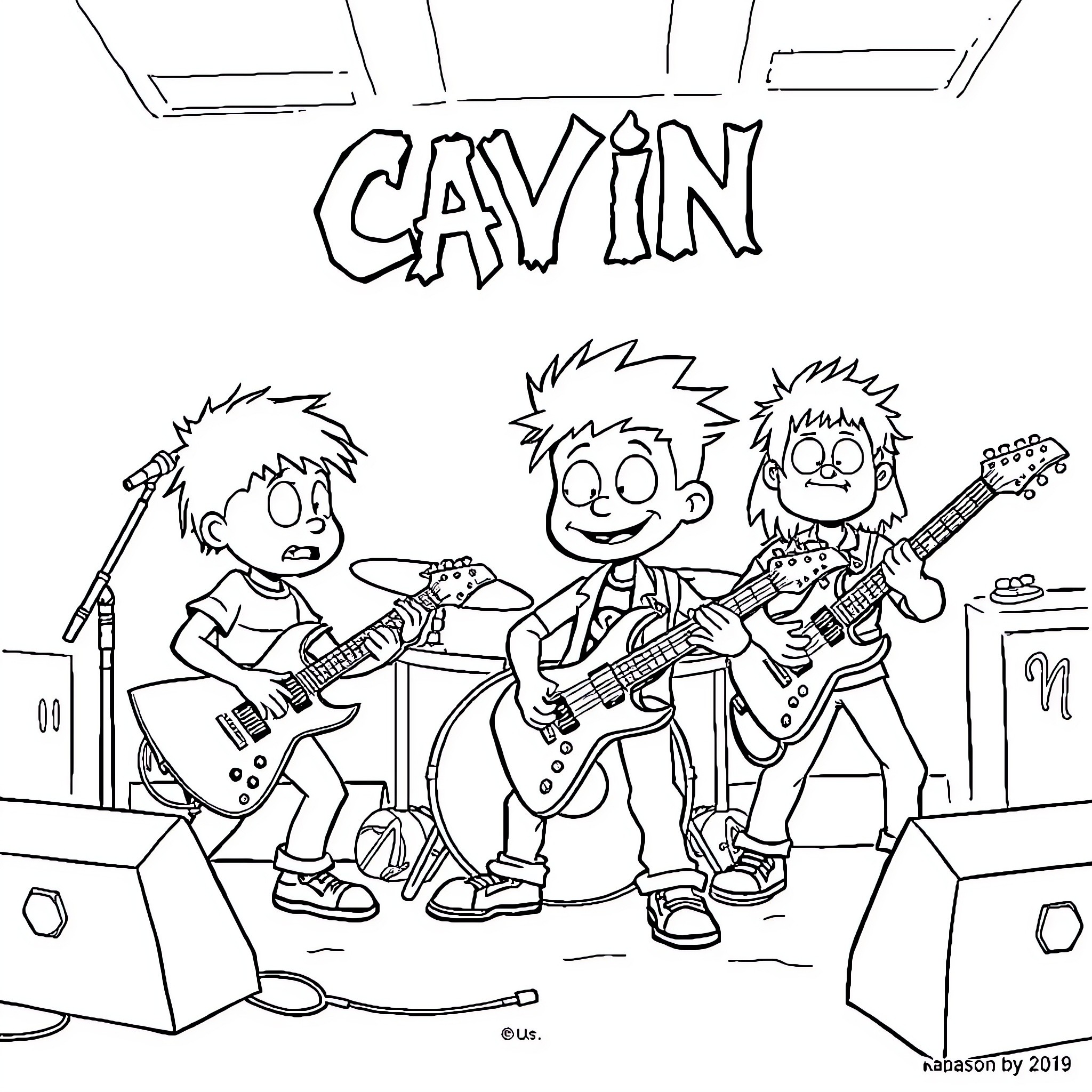 Calvin and his friends performing on stage Coloring Page (free black-and-white line drawing printable PDF for all, from beginners to advanced learners, including children, teens, adults, and seniors)