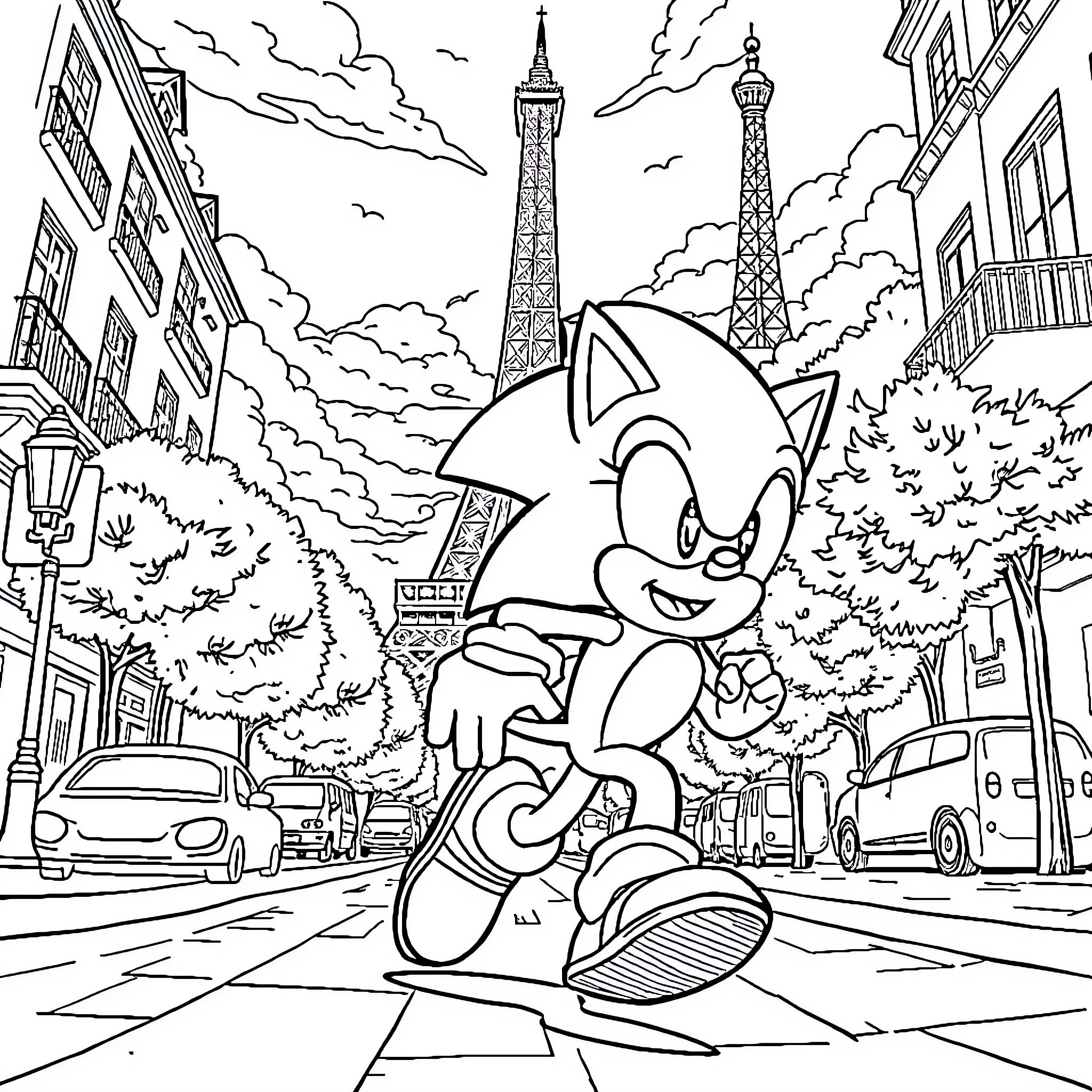 Sonic's Parisian Adventure Coloring Page (free black-and-white line drawing printable PDF for all, from beginners to advanced learners, including children, teens, adults, and seniors)