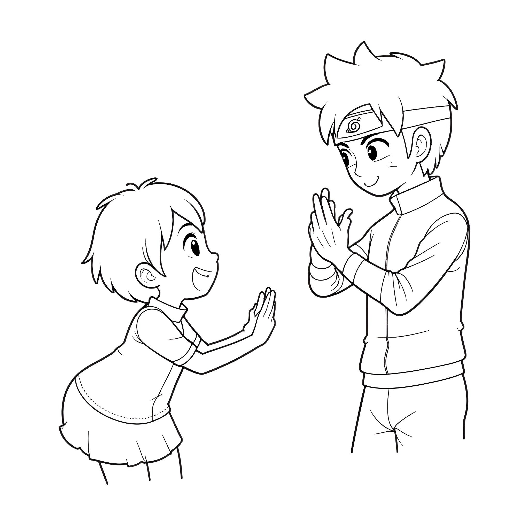 Rock Lee and a Child Exchanging High Fives Coloring Page (free black-and-white line drawing printable PDF for all, from beginners to advanced learners, including children, teens, adults, and seniors)