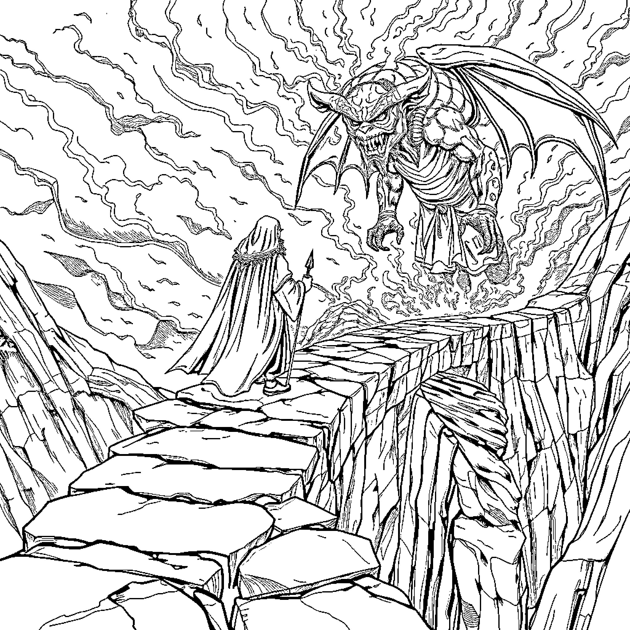 Gandalf faces a fearsome dragon in a perilous landscape Coloring Page (free black-and-white line drawing printable PDF for all, from beginners to advanced learners, including children, teens, adults, and seniors)