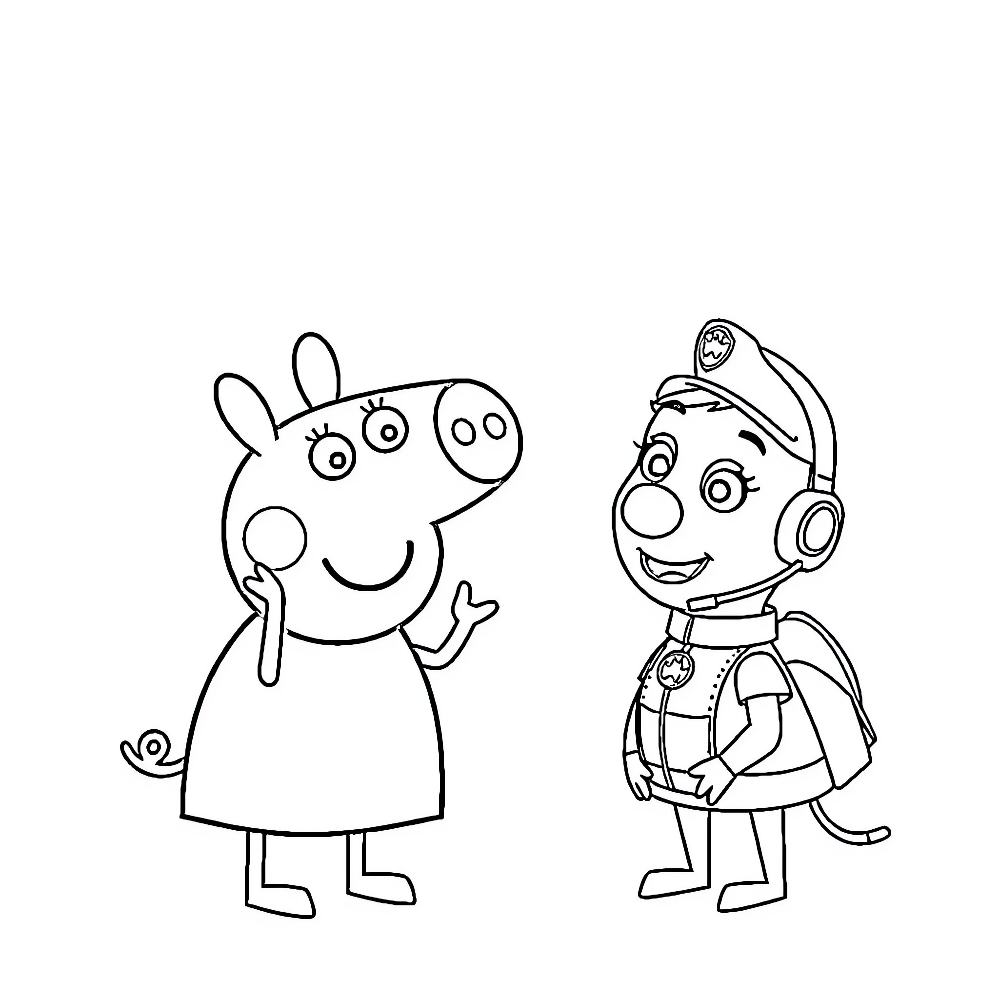 Peppa Pig and Fireman Sam explore the town Coloring Page (free black-and-white line drawing printable PDF for all, from beginners to advanced learners, including children, teens, adults, and seniors)