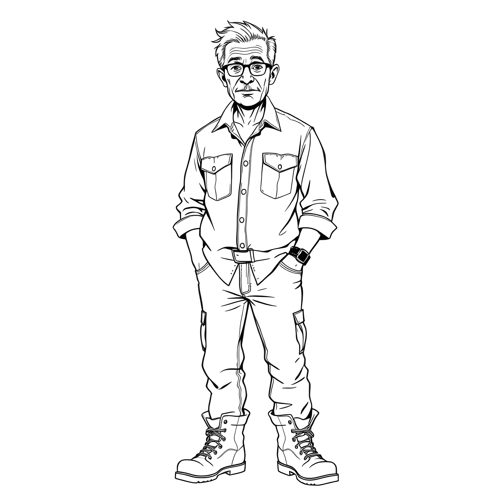 Man in casual attire with glasses standing confidently Coloring Page (free black-and-white line drawing printable PDF for all, from beginners to advanced learners, including children, teens, adults, and seniors)