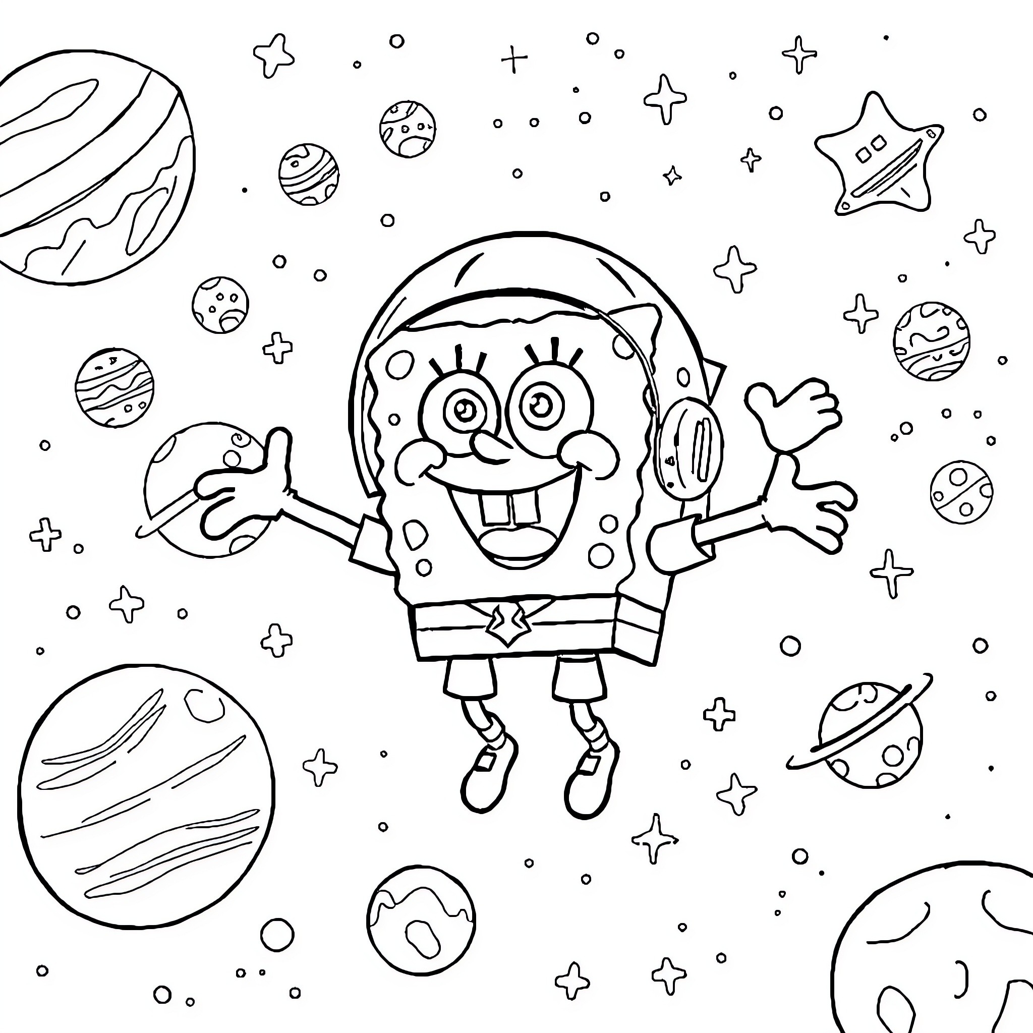 Spongebob Floating Happily in Outer Space Coloring Page (free black-and-white line drawing printable PDF for all, from beginners to advanced learners, including children, teens, adults, and seniors)