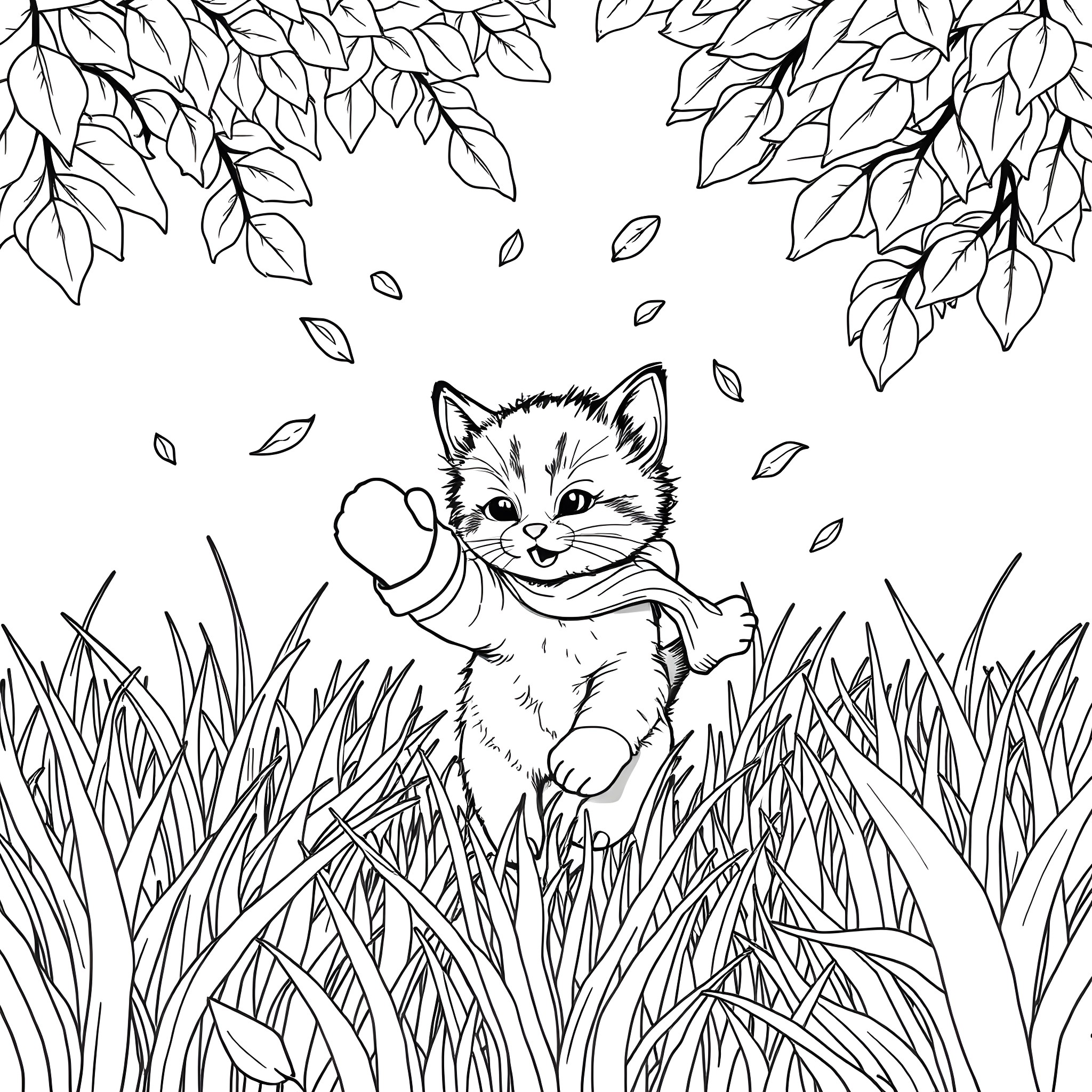 Kitten playing in the leaves and grass Coloring Page (free black-and-white line drawing printable PDF for all, from beginners to advanced learners, including children, teens, adults, and seniors)