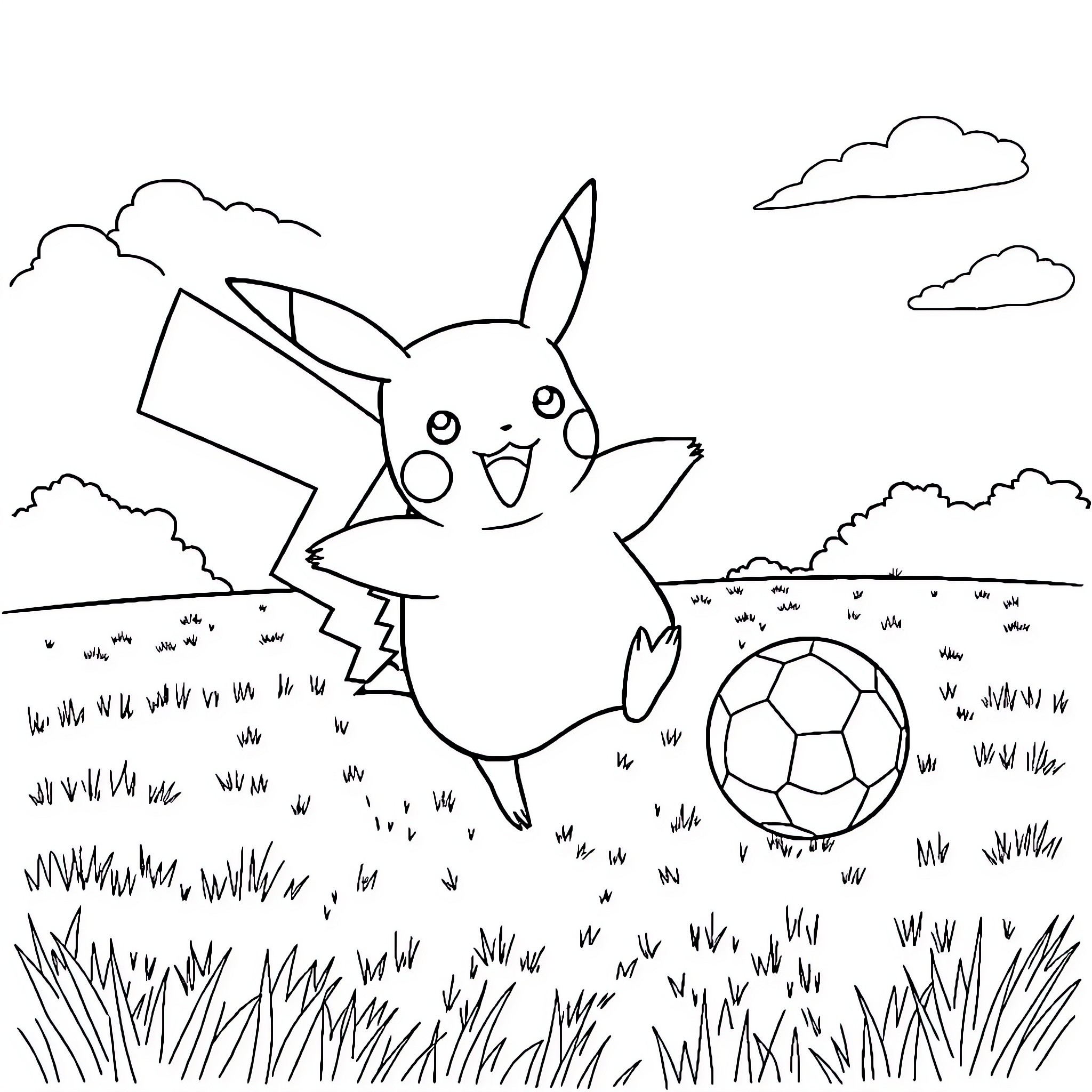 Pikachu playing joyfully with a soccer ball in the meadow Coloring Page (free black-and-white line drawing printable PDF for all, from beginners to advanced learners, including children, teens, adults, and seniors)