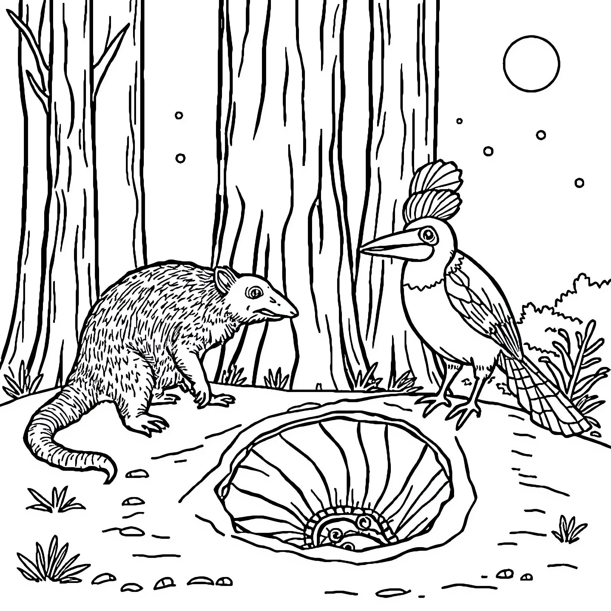 Armadillo and colorful bird in the forest Coloring Page (free black-and-white line drawing printable PDF for all, from beginners to advanced learners, including children, teens, adults, and seniors)